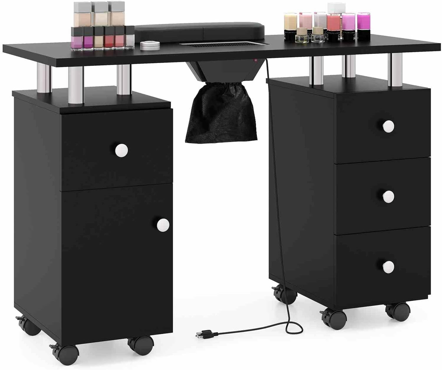 Costway Manicure Table Nail Desk W/Electric Dust Collector, 3 Dust Bags, Wrist Rest, Drawers, Movable Nail Tech Desk on 8 Lockable Wheels, Wooden Nail Art Workstation for Spa Beauty Makeup (Pink)