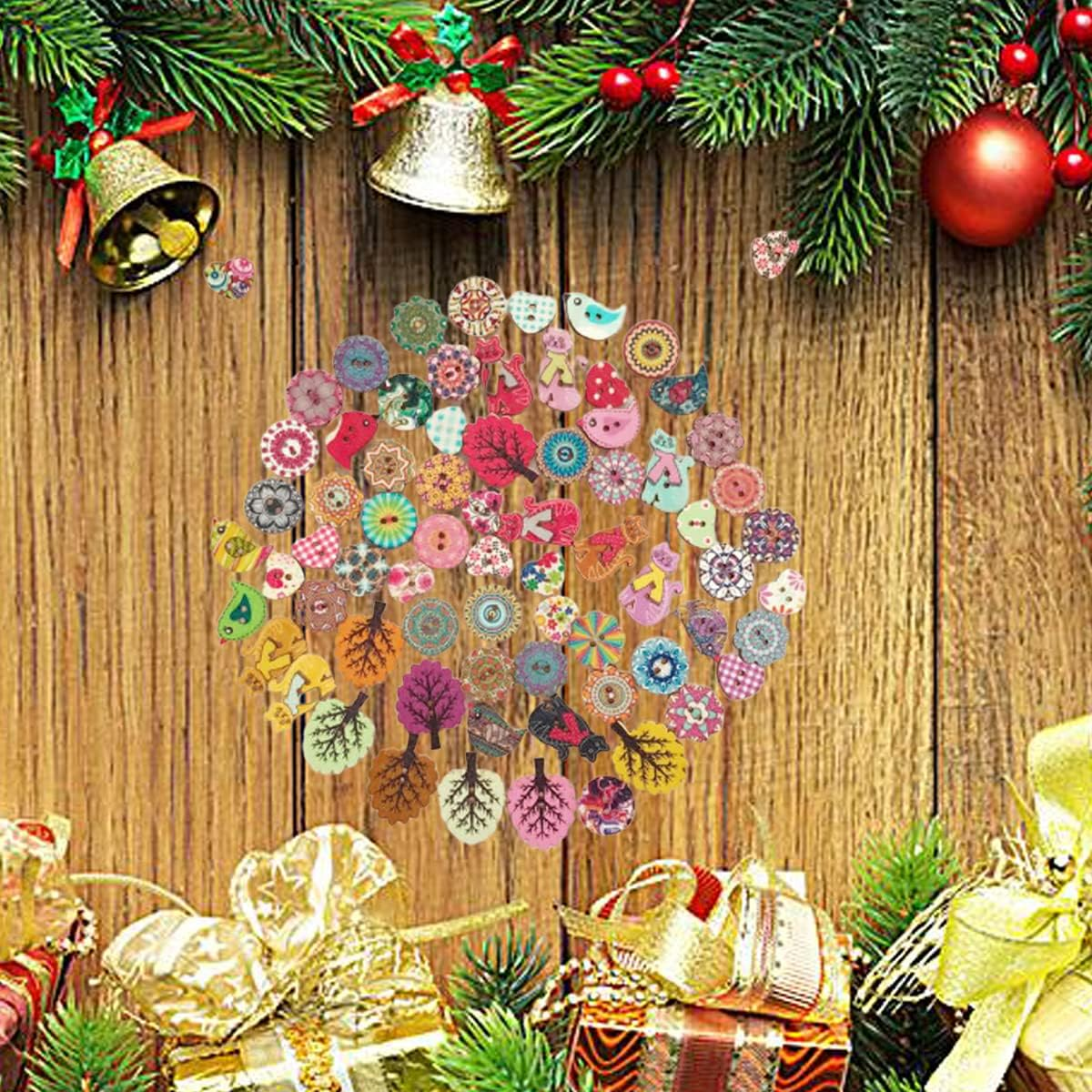 Wepetyo 200 Pcs Cute Cartoon Wooden Buttons,Wooden Leaf Buttons Assorted Design 2 Holes Mixed Animal/Flowers/Trees/Wood Button for Sewing Crafts DIY Decoration and Clothing - Beige image number 6