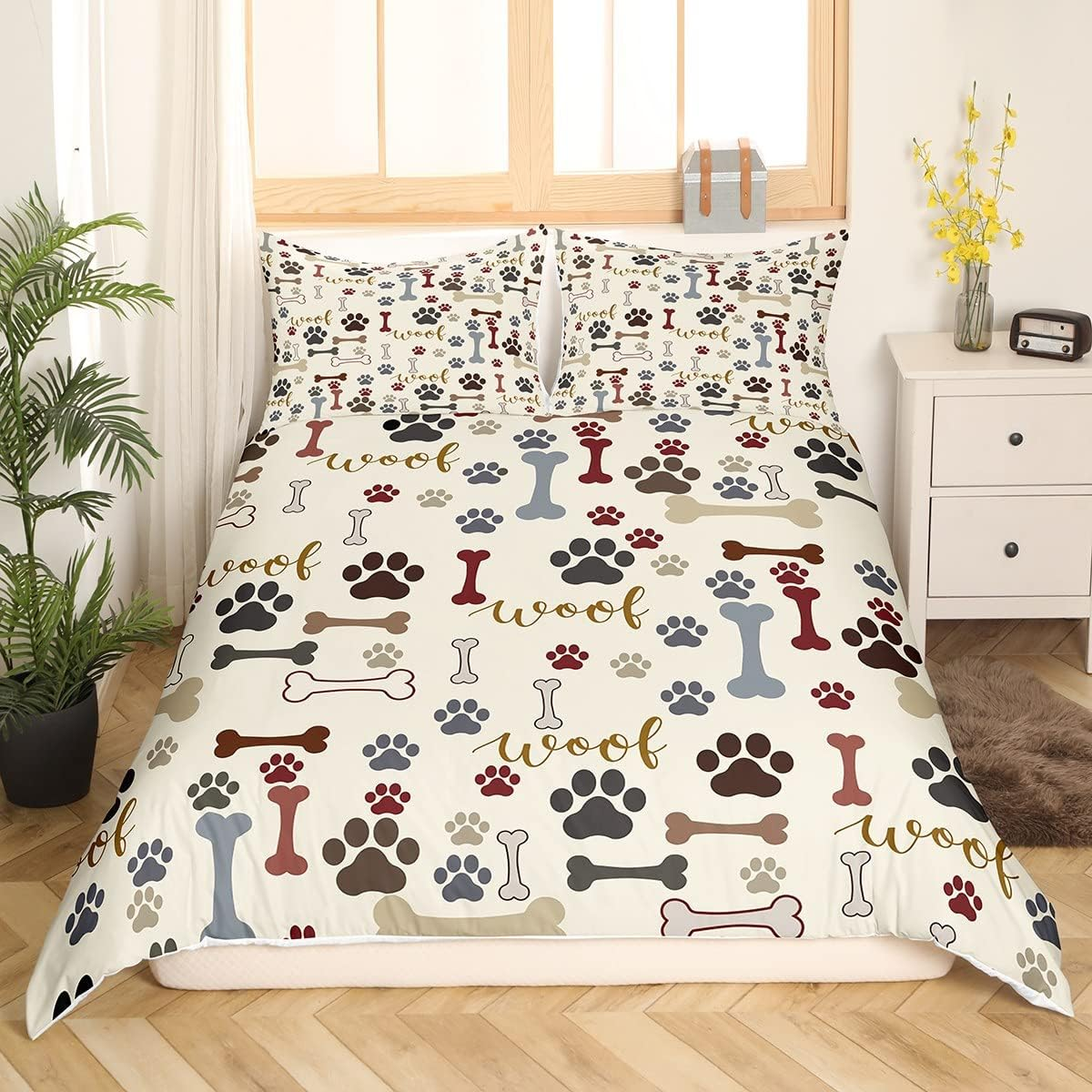 Cute Dog Paws Duvet Cover Single Size,Corgi Pug Lovely Animals Pets Comforter Cover for Kids Teens Adults Bedroom Decor,Dog Bones Cartoon Colorful Bedding Set 1 Pillowcase,No Comforter image number 6