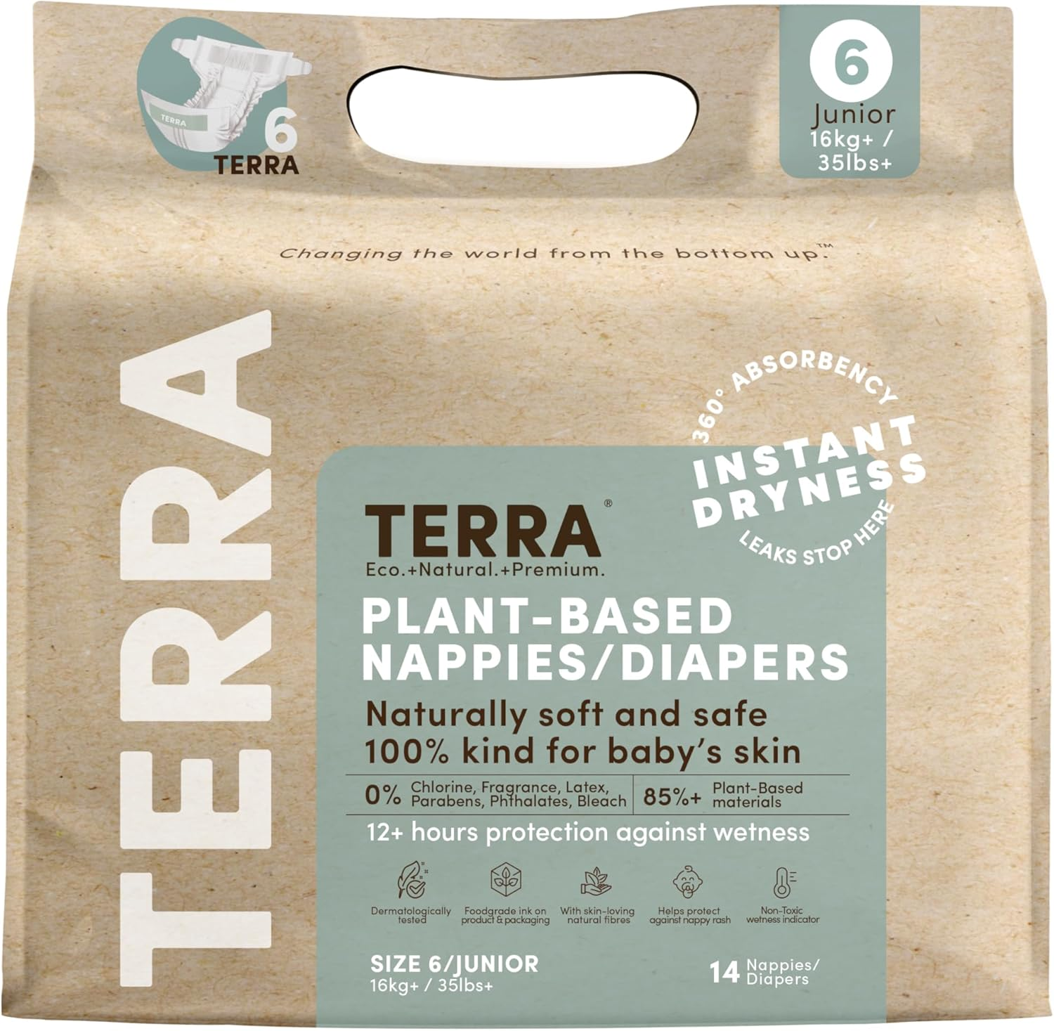 Terra Size 6 Diapers: 85% Plant-Based Diapers, Ultra-Soft & Chemical-Free for Sensitive Skin, Superior Absorbency for Day or Nighttime Diapers, Designed for Toddlers 35+ Pounds, 14 Count image number 4