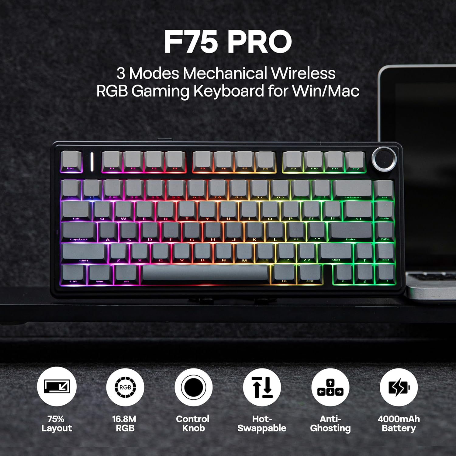 Mechlands Aula F75 PRO 75% Wireless Gaming Keyboard, Gasket Mechanical Custom Keyboard with Five-Layer Padding, Bluetooth/2.4Ghz/Usb-C, Hot Swappable, Knob, RGB, Reaper Switches (Gradient Black) image number 3