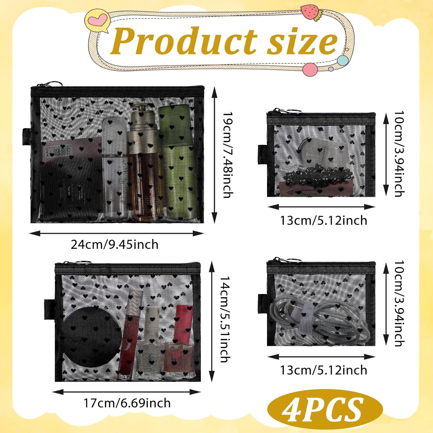 Heart Printed Mesh Makeup Bag Set, Small Mesh Cosmetic Bags Portable Travel Make up Purse Bag Heart Print Zipper Pouch Toiletry Bags for Daily or Travel Use (Black), Black image number 6