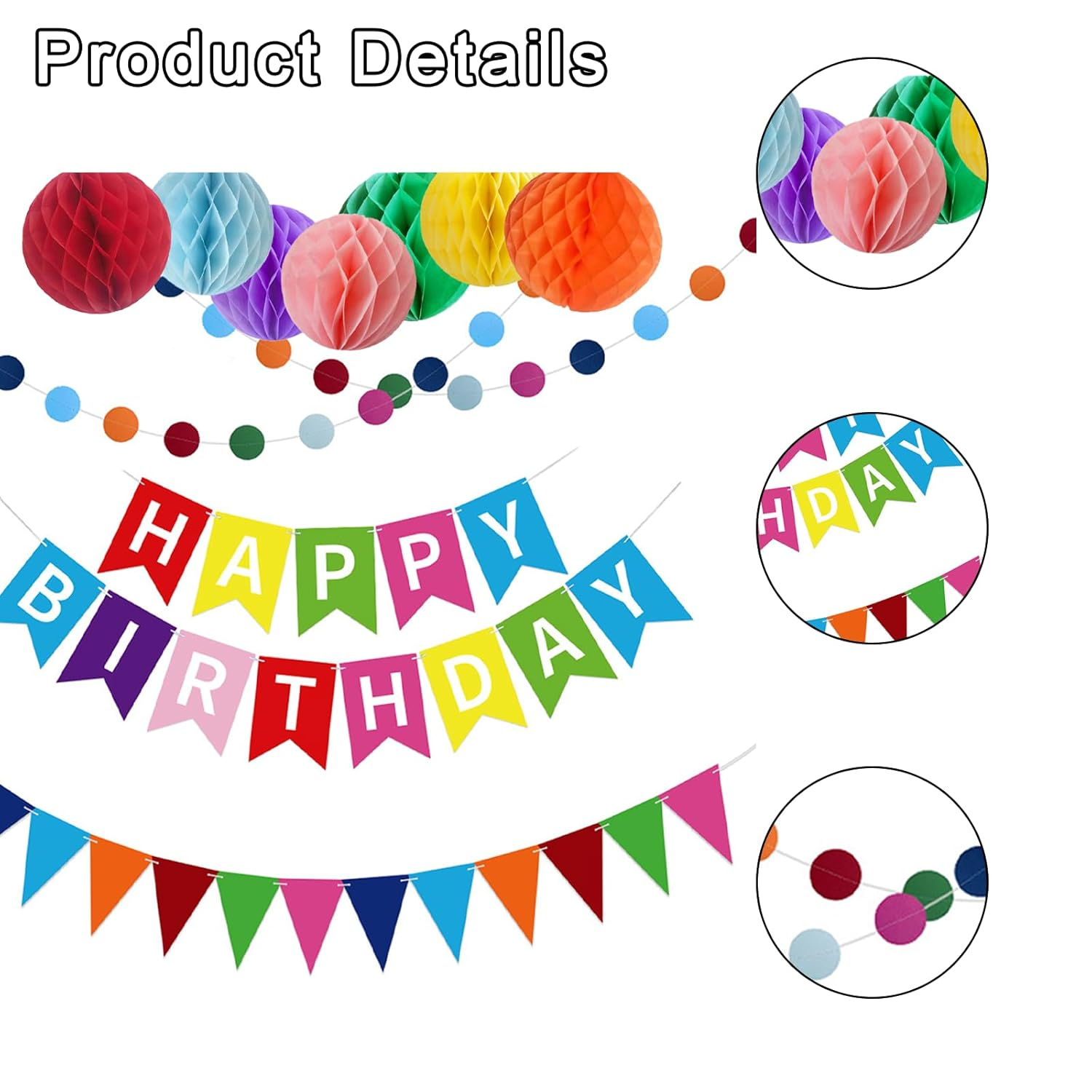 Birthday Party Decoration Gifts with 7 Honeycomb Balls and 1 Colorful Pennant Hanging Paper Fan Reusable Birthday Banner Suitable for Birthday Parties of Different Ages image number 6