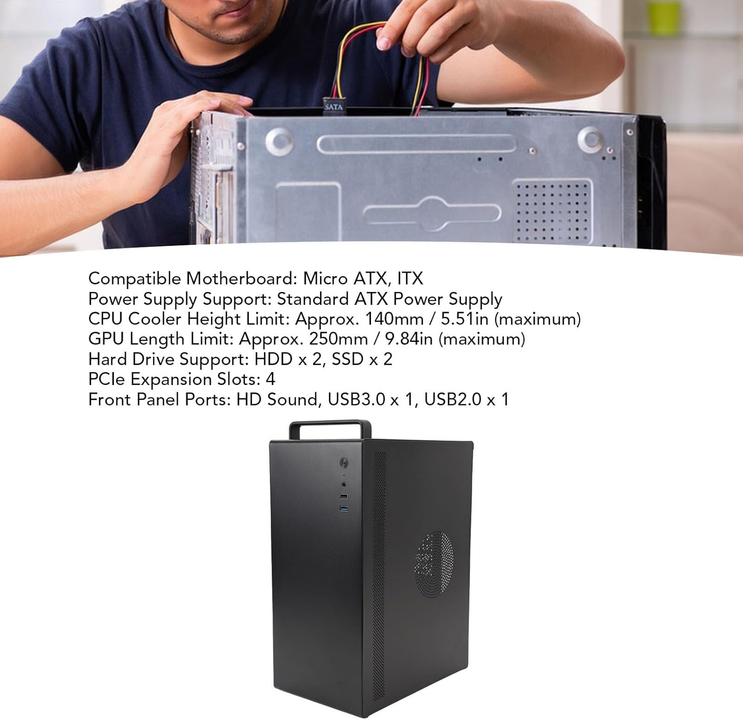 XUMIUZIY Micro ATX ITX Gaming Computer Case with Fine Space Layout, CPU Cooler up to 140Mm, GPU up to 250Mm, SSD HDD Support, Top Mounted Ports for Easy Access, 270&deg; Full View Tempered