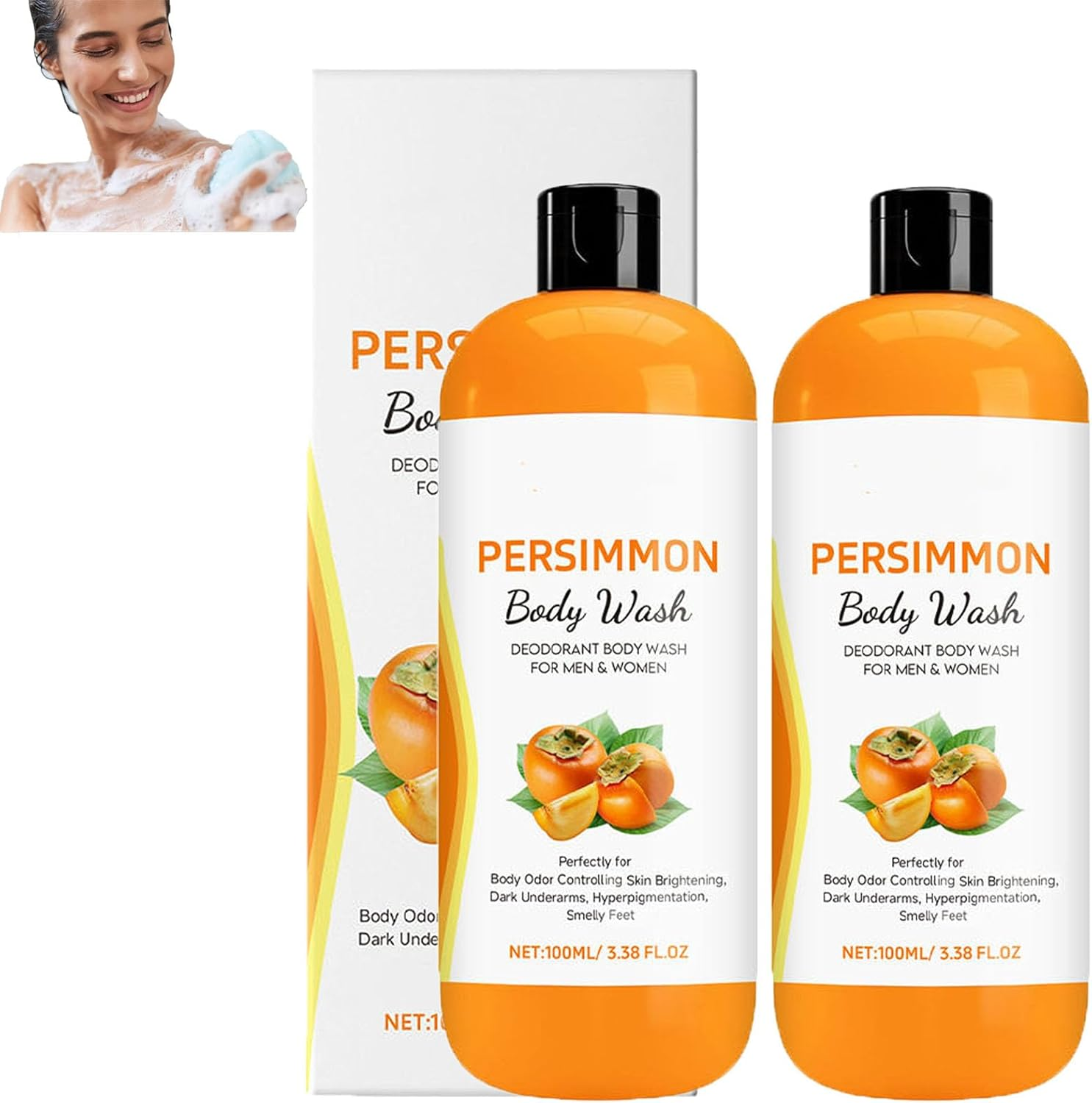 Persimmon Body Wash for Body Odor Controlling, Natural Deodorant Wash, Deeply Cleansing & Moisturizing, Fresher Scent, Gentle Ingredient Persimmon Extraction Oil for Women (3Pcs)