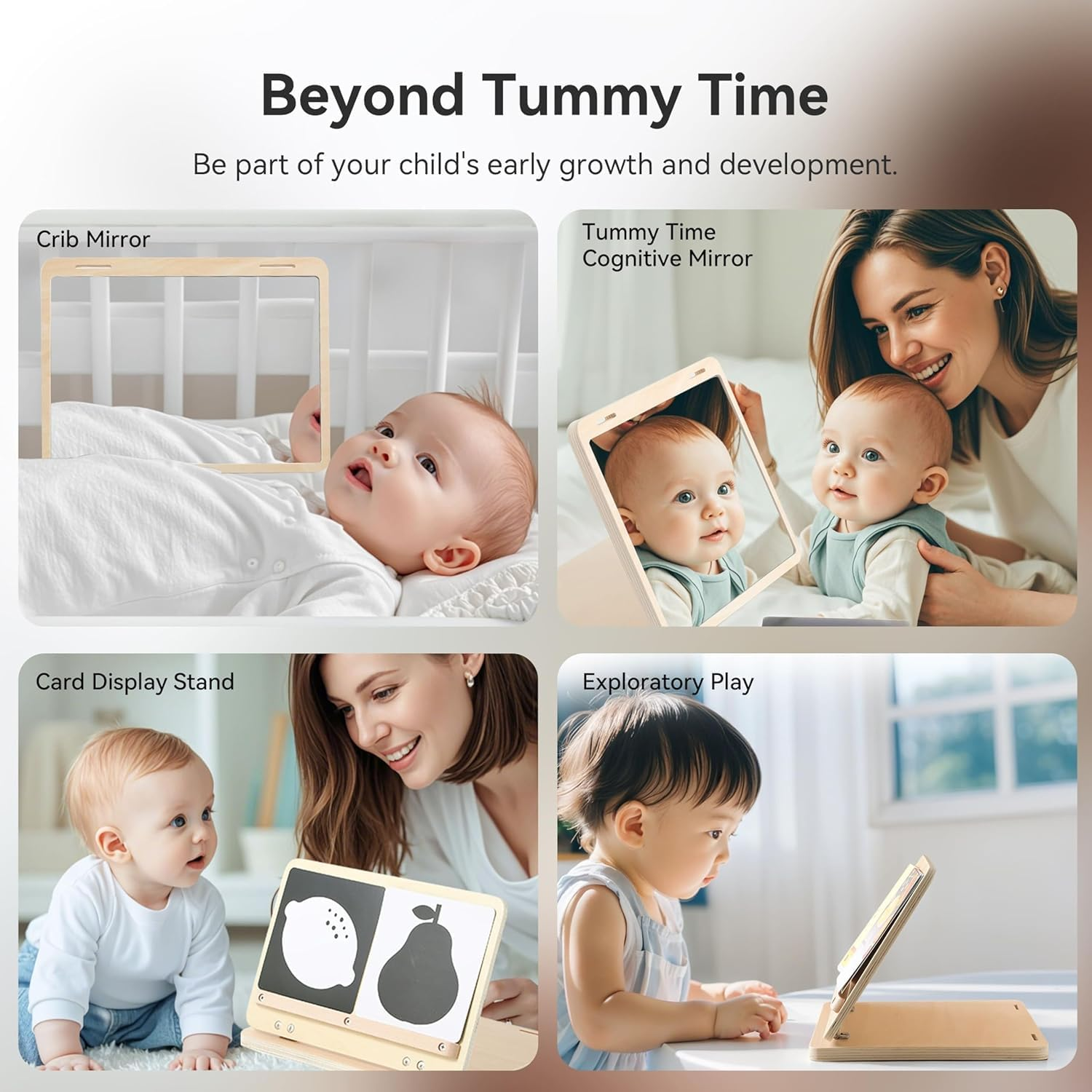 EERKEOD Tummy Time Mirror Large Montessori Tummy Time Toys Baby Safe Mirror and Card Display Stand with Black and White High Contrast Baby Cards Adjustable Angle and Double-Sided Design image number 1