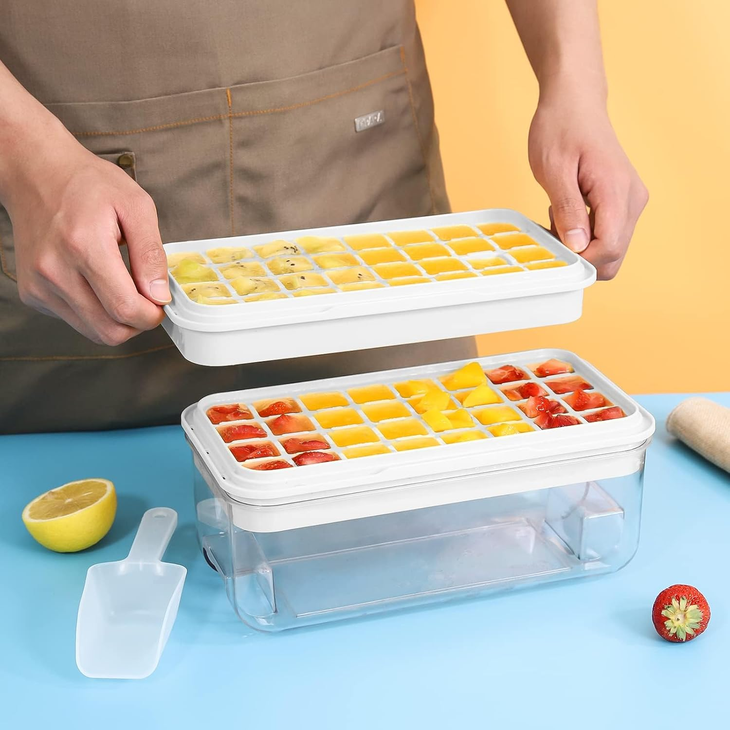 One Click Release Silicone Ice Cube Trays Ice Cube Tray with Lid and Bin, Tehalk 64 Pcs Ice Trays for Freezer, Ice Cube Trays for Freezer with 2 Trays, Container, Lid & Ice Scoop, BPA Free image number 2