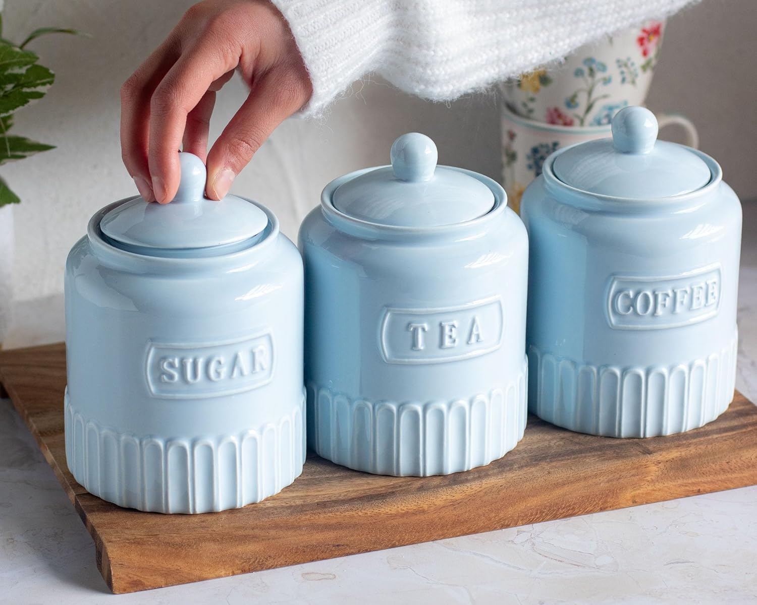 The House of Florence Kitchen Canisters Set, 3 Piece Coffee Tea Sugar Storage Containers, Soft Blue image number 5