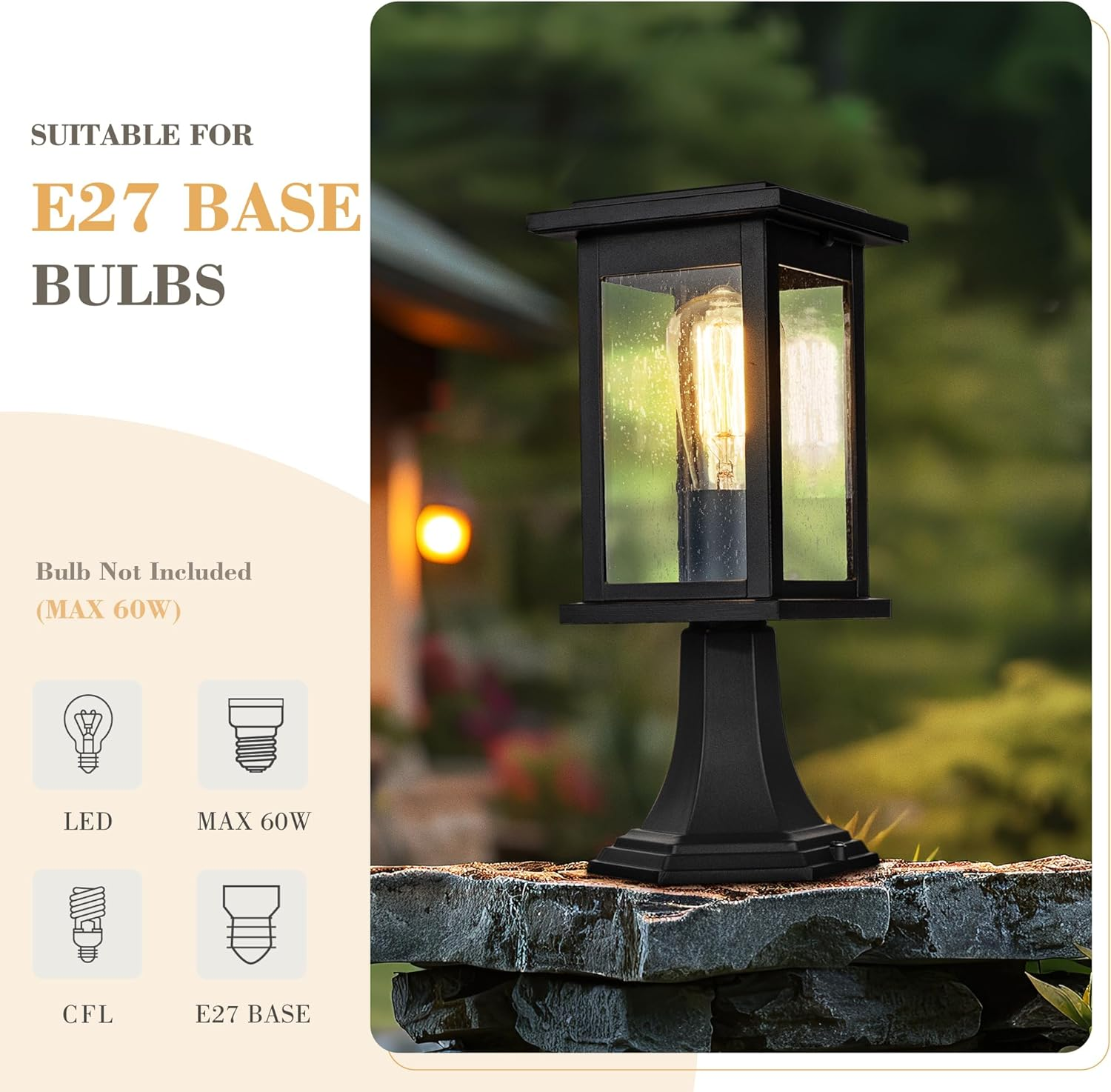 EMLIVIAR Black Post Light Outdoor, Waterproof Pillar Light Ideal for Patio, Pathway, Garden, Aluminum with Water Ripple Glass, AU1803EW1-P