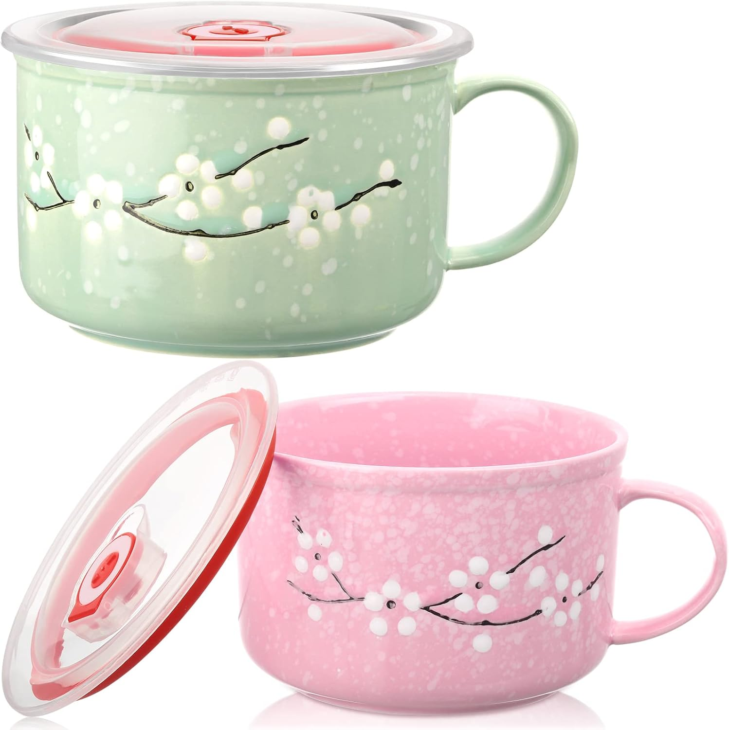 SEEWEY 2 Pcs Floral Ceramic Bowl with Lid and Handle 30 Oz Soup Bowls Heat Preservation Instant Noodles Mug Soup Cup Microwavable Bowls for Ramen Noodle Cereal Travel image number 2