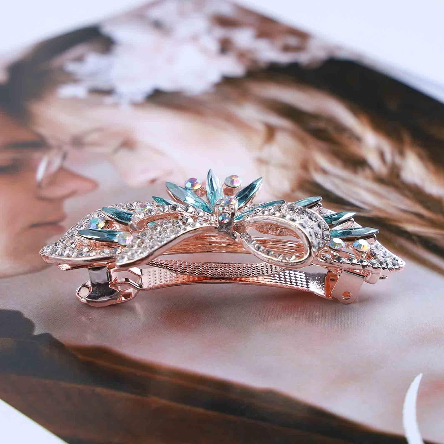 Tseenyi Crystal Hair Clip Rhinestone Wedding Hair Clip Flower Bow Crystal Hair Clip Shiny Bridal Decorative Headpiece Rhinestone Hair Pins for Women and Girls (Blue Crystal) image number 2