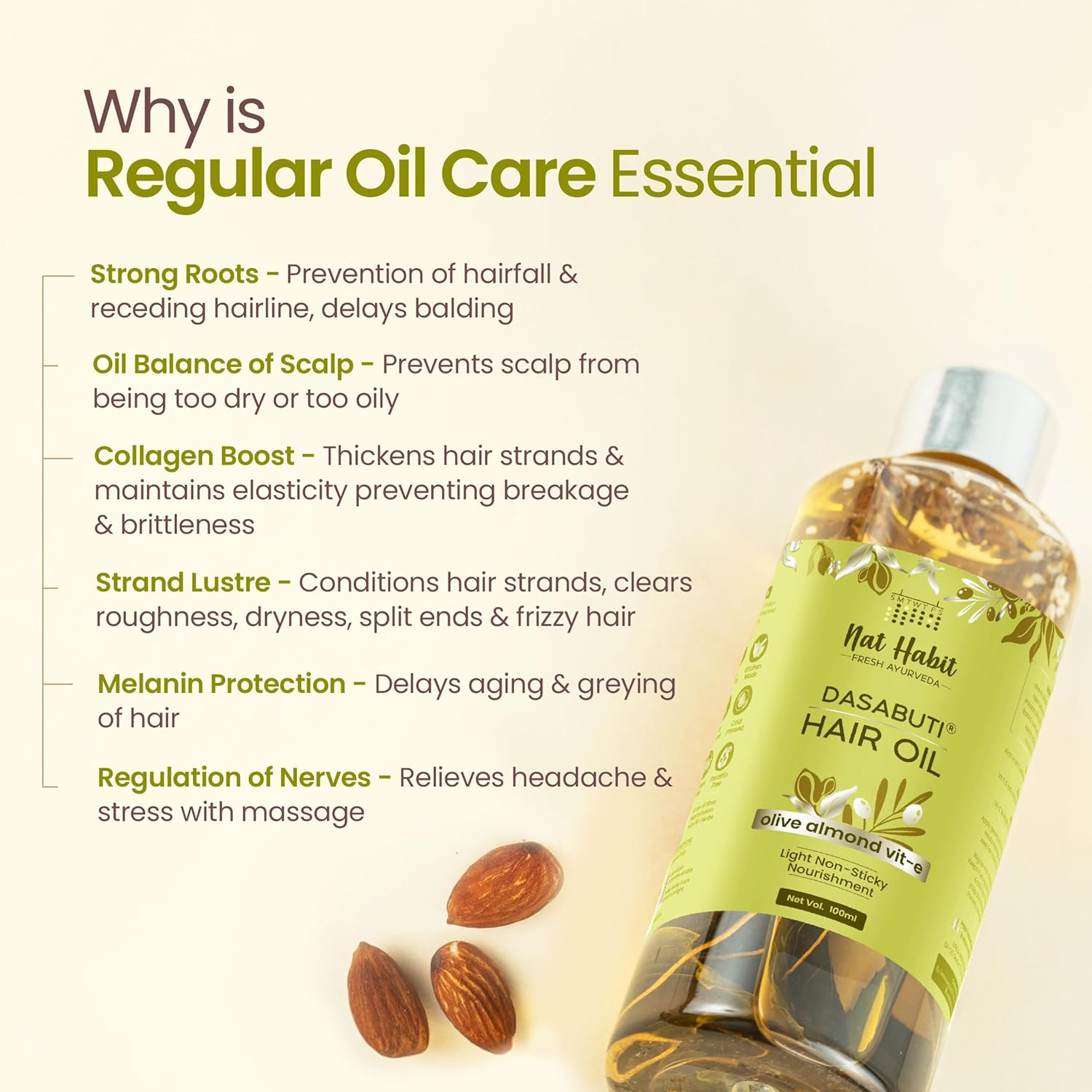 Nat Habit Olive Almond Summer Light Hair Oil with Vitamin E for Men & Women, All Hair & Scalp Types, No Paraffin, Mineral Oil, Preservatives & Chemicals, 100Ml image number 1