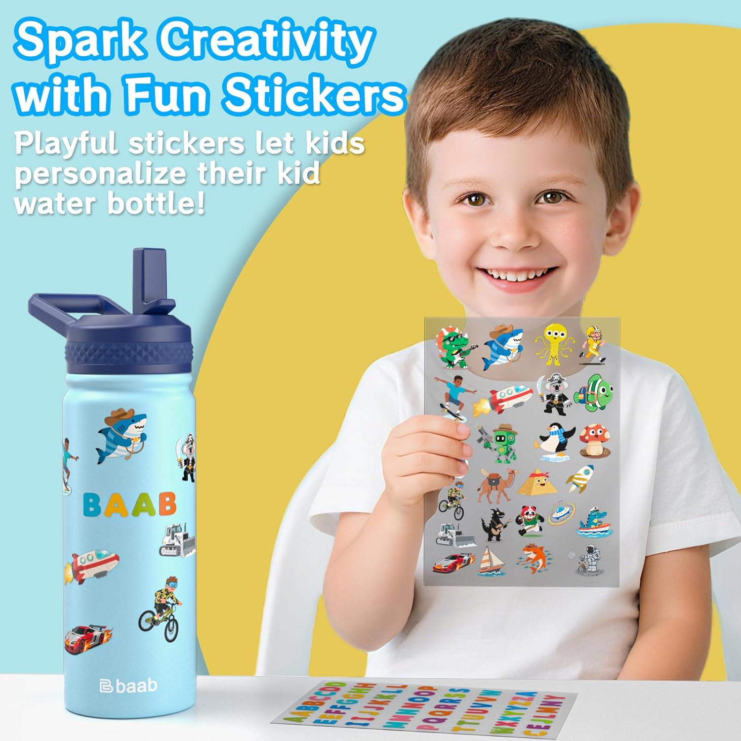 Baab 18Oz Kids Water Bottle, Insulated Water Bottle with Straw & Stickers, 18/8 Stainless Steel Vacuum Leakproof Kids Water Straw Cup for Sports Travel & School (Light Blue, 1 Pack) image number 6