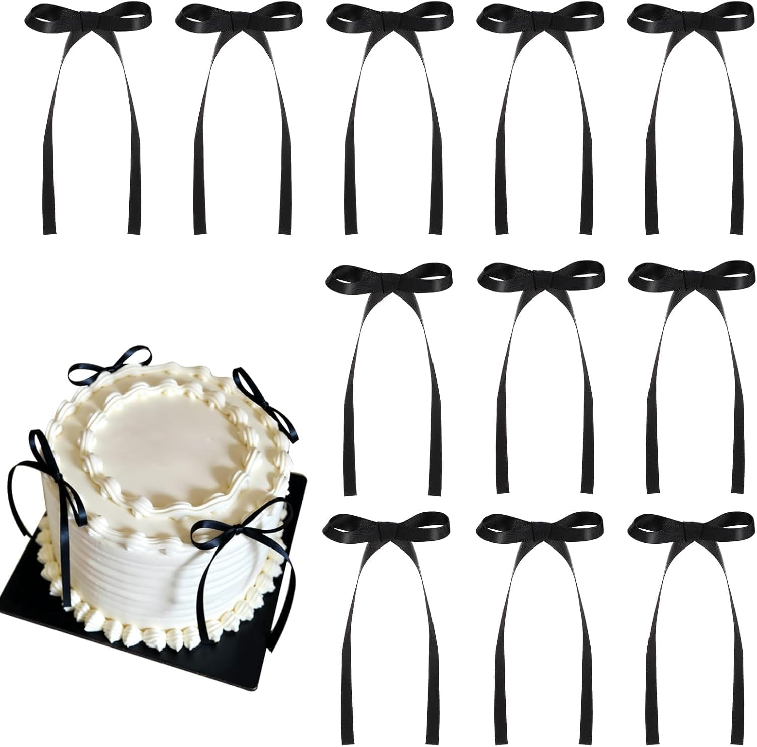 OSYLICT 12PCS Bow Cake Topper,Bowknot Ribbons Cupcake Dessert Picks Decorations for Birthday Wedding Bridal Anniversary Baby Shower Party Supplies(Black) image number 4