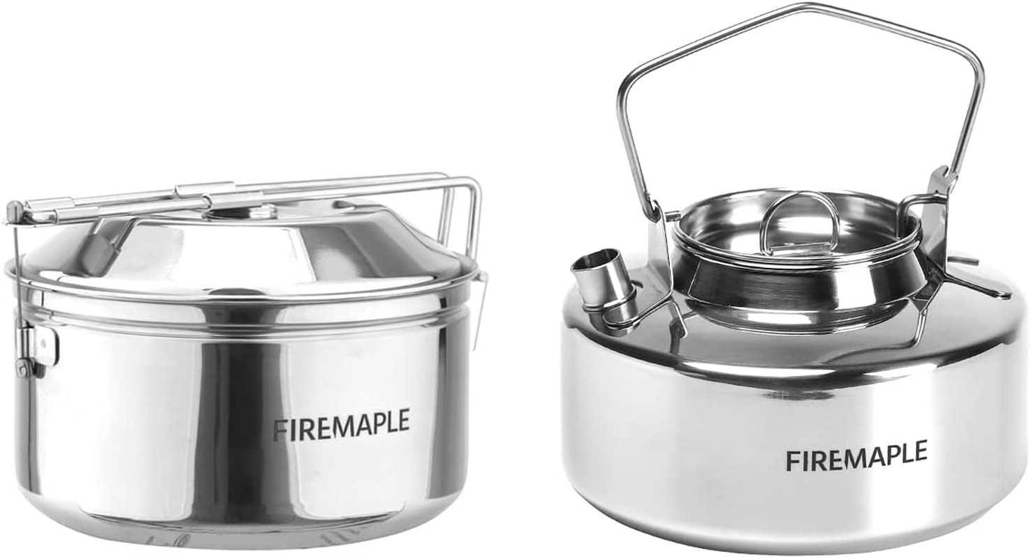 Fire-Maple 1.0L Stainless Steel Camping Kettle and 1.0L Cooking Pot Set, 3-Piece Cookware Set for Backpacking, Camping, Fishing, Bushcraft, Stovetop, Open Fire