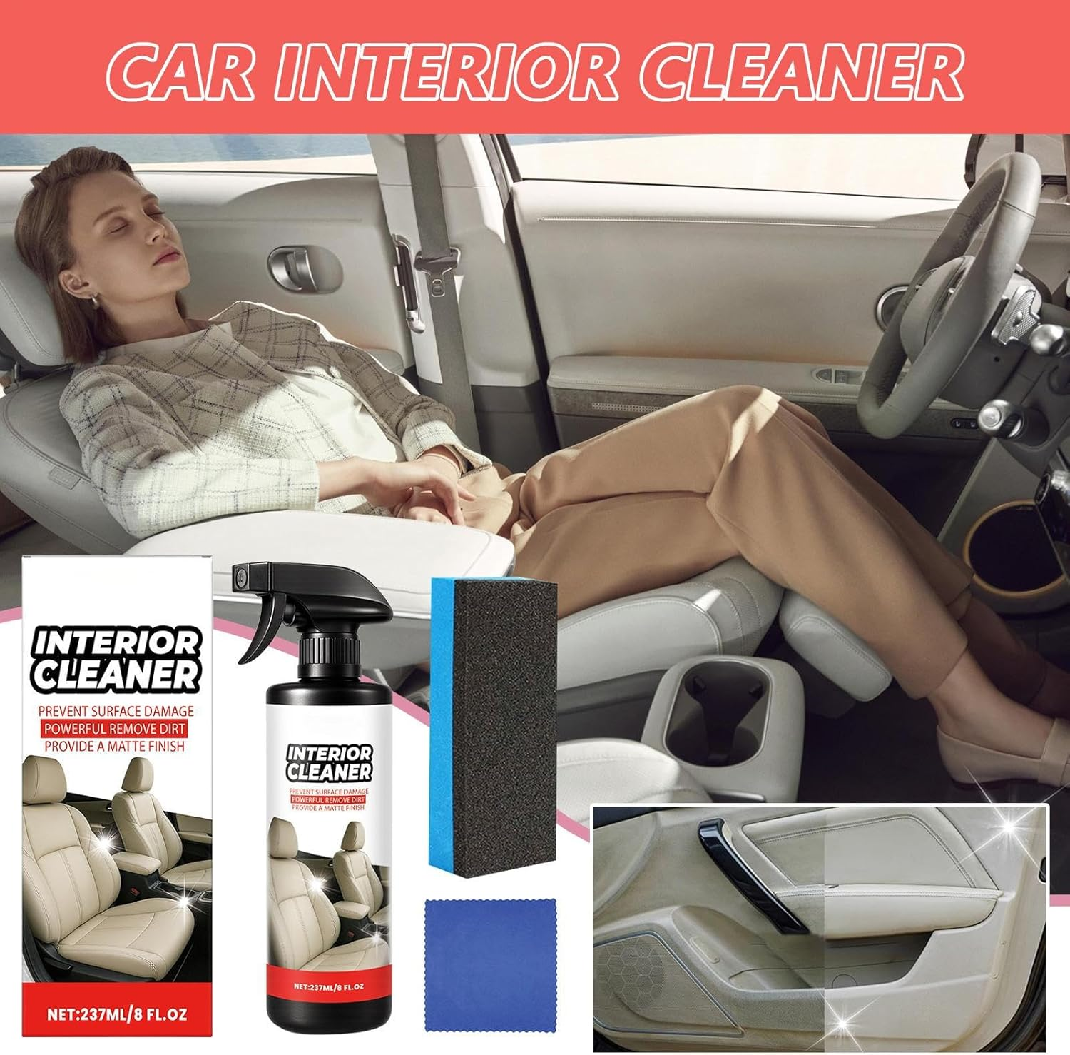 Qkbuza Car Upholstery Cleaner | Car Steering Wheel Cleaner with Cloth and Sponge,237Ml Automotive Cleaning Detailing Spray for Steering Wheel Trim Door Leather Seat Dashboard