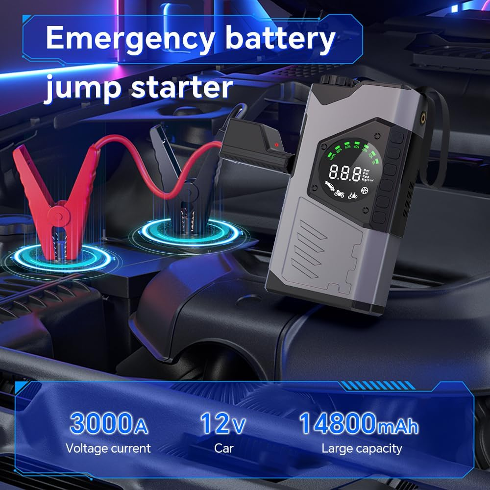 Jump Starter, 3000A Car Battery Jump Starter with Air Compressor, 12V Jump Box with Smart Jumper, Power Pack Portable Battery Jumper Starter with LED Display image number 1