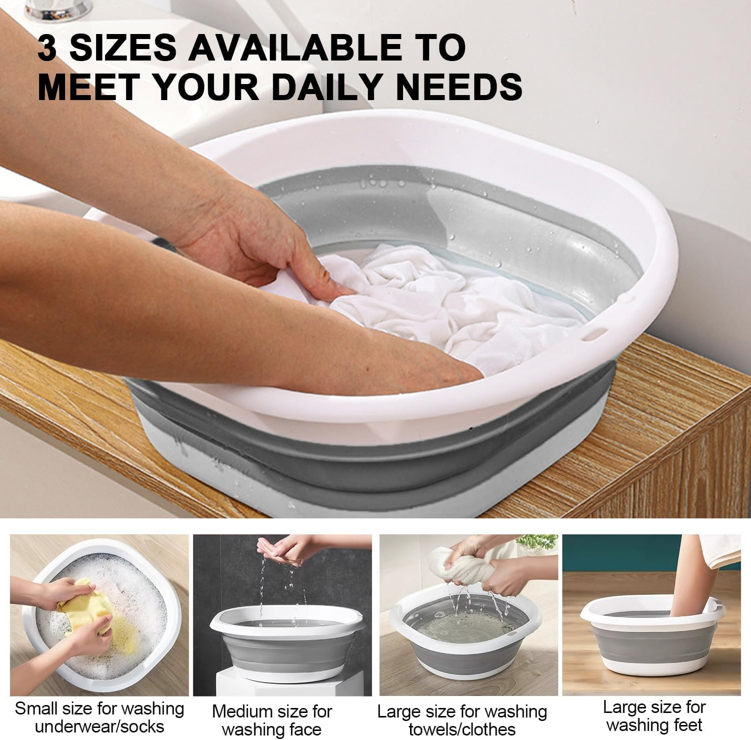 3 Pack Collapsible Wash Basin,Foldable Laundry Tub, Portable Wash Tub Set, Suspendable Design, for Dishing, Fruit, Foot Soak, Camping, Laundry, Home (Set of 3, S,M,L) image number 3