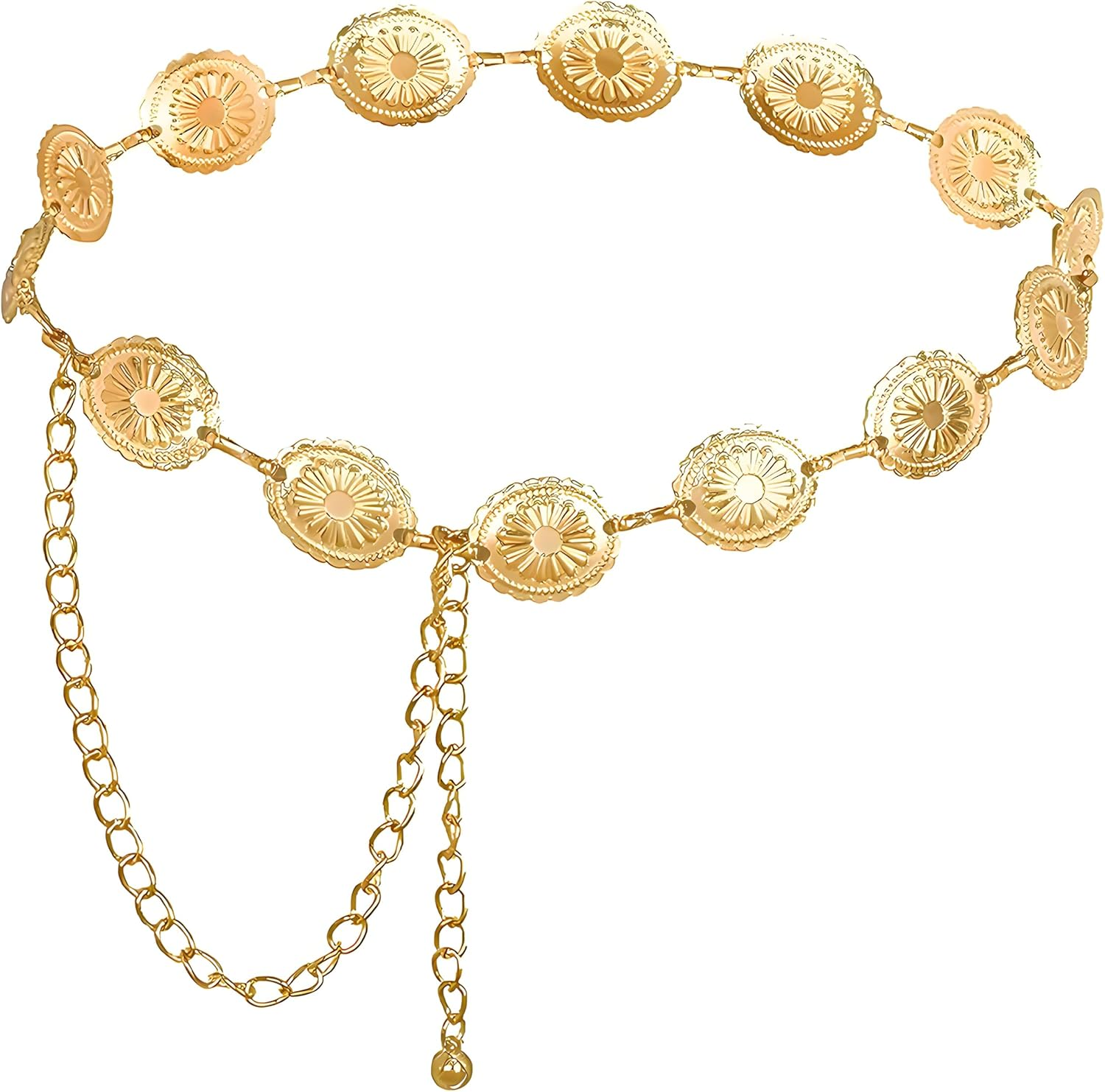 GOEDEKE Gold Daisy Chain Belt, Western Metal Concho Belt, Adjustable Boho Waist Chain, Golden, Women'S Waist Chain image number 2
