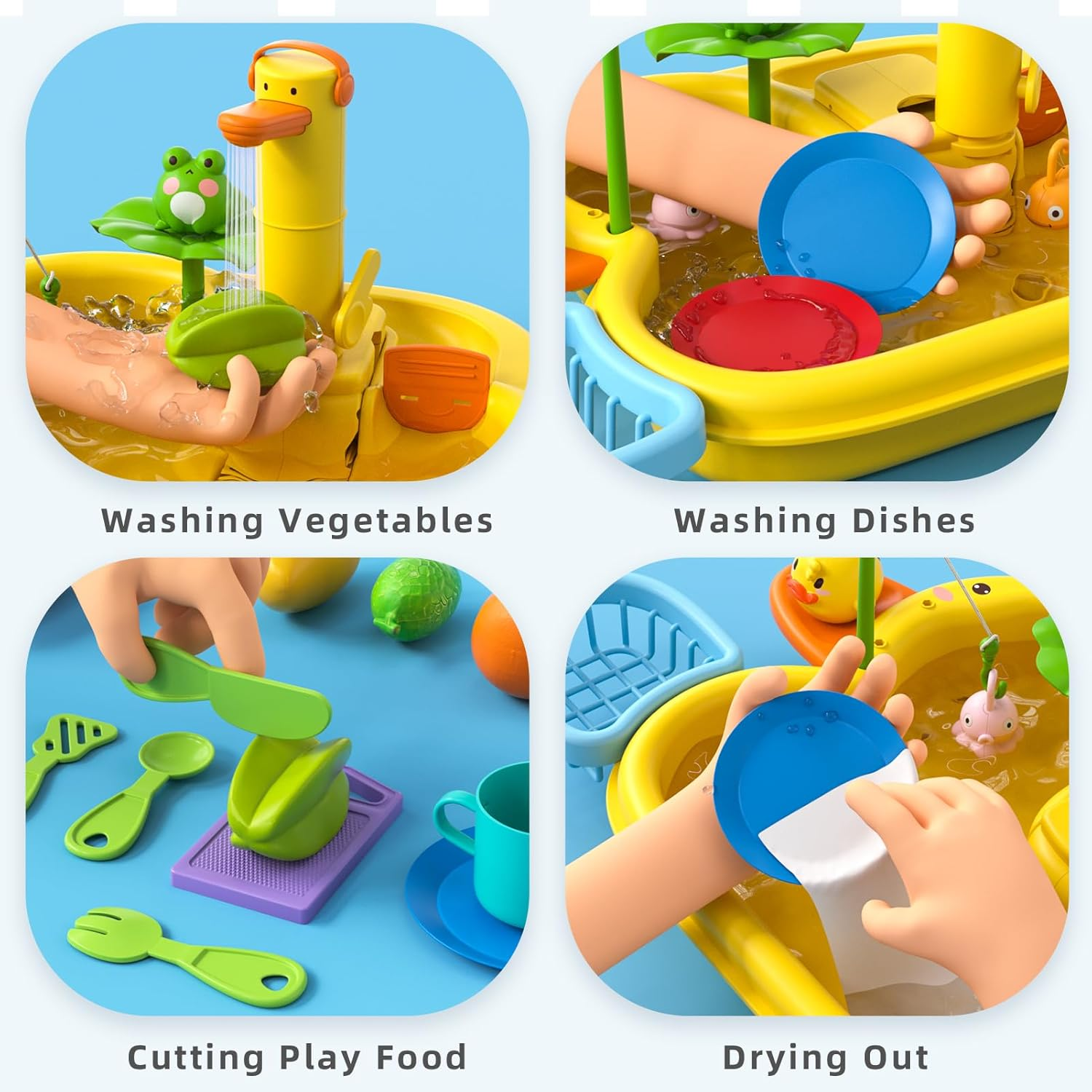 3-In-1 Play Sink with Running Water, Kids Kitchen Sink Toys with Electric Duck Faucet, Pretend Play Kitchen Accessories, Play Food, Water Slide Track, Pool Floating Fishing Game Boys Girls image number 4