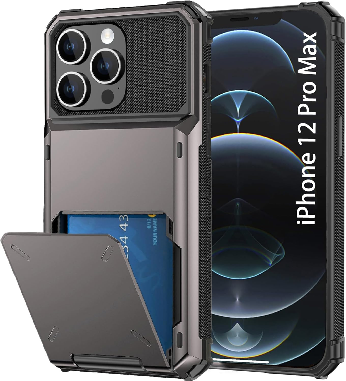 For Iphone 12 Pro Max Case with Card Holder[Store 5 Cards] Wallet Case with Hidden Card Slot, Heavy Dual Layer Shockproof Protective Phone Cover for Apple Iphone 12 Pro Max,Grey image number 2