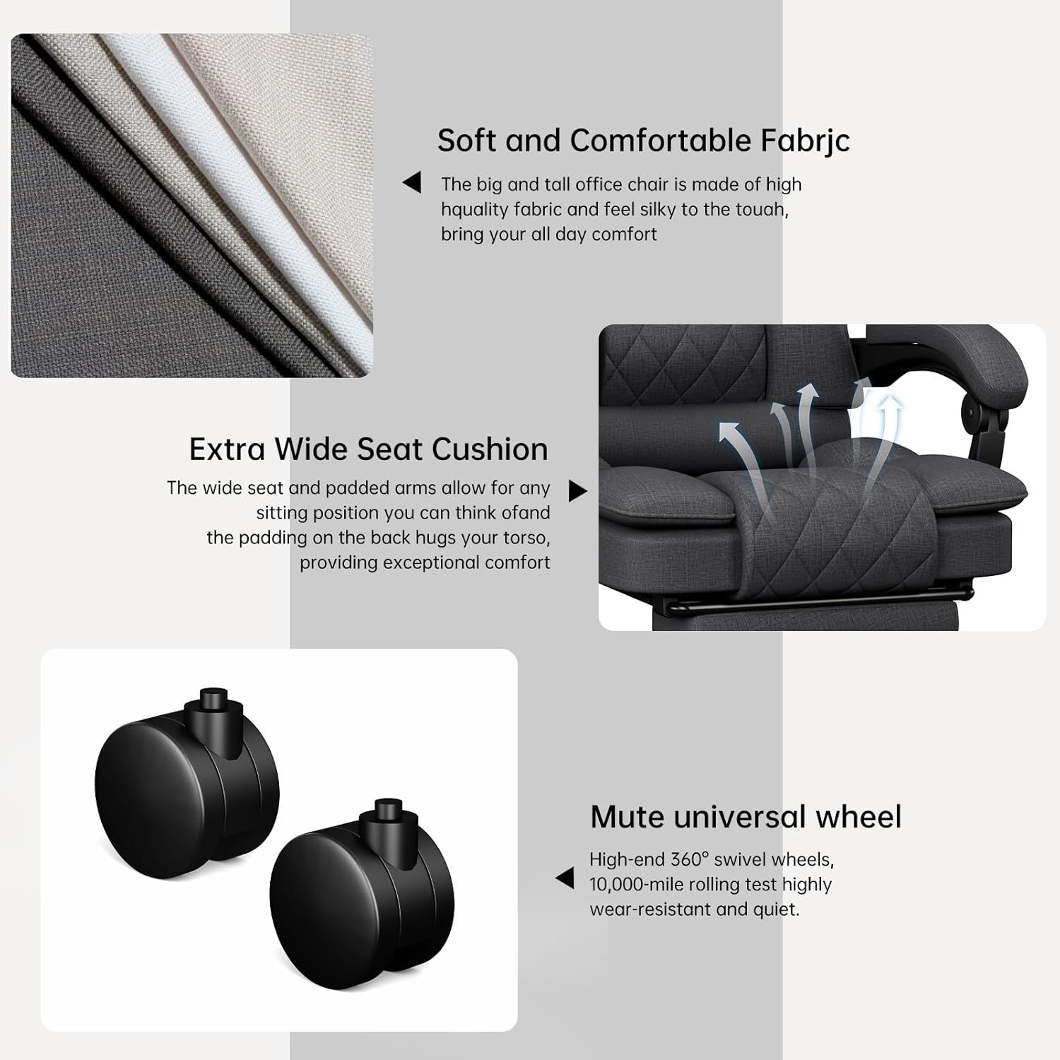 Ergonomic Office Chair, Big and Tall Computer Chair for Adults with Footrest, Fabric Desk Chair with Lumbar Support & Luxury Executive Recliner, High Back, 350LBS, Dark Grey - Deep Grey image number 6