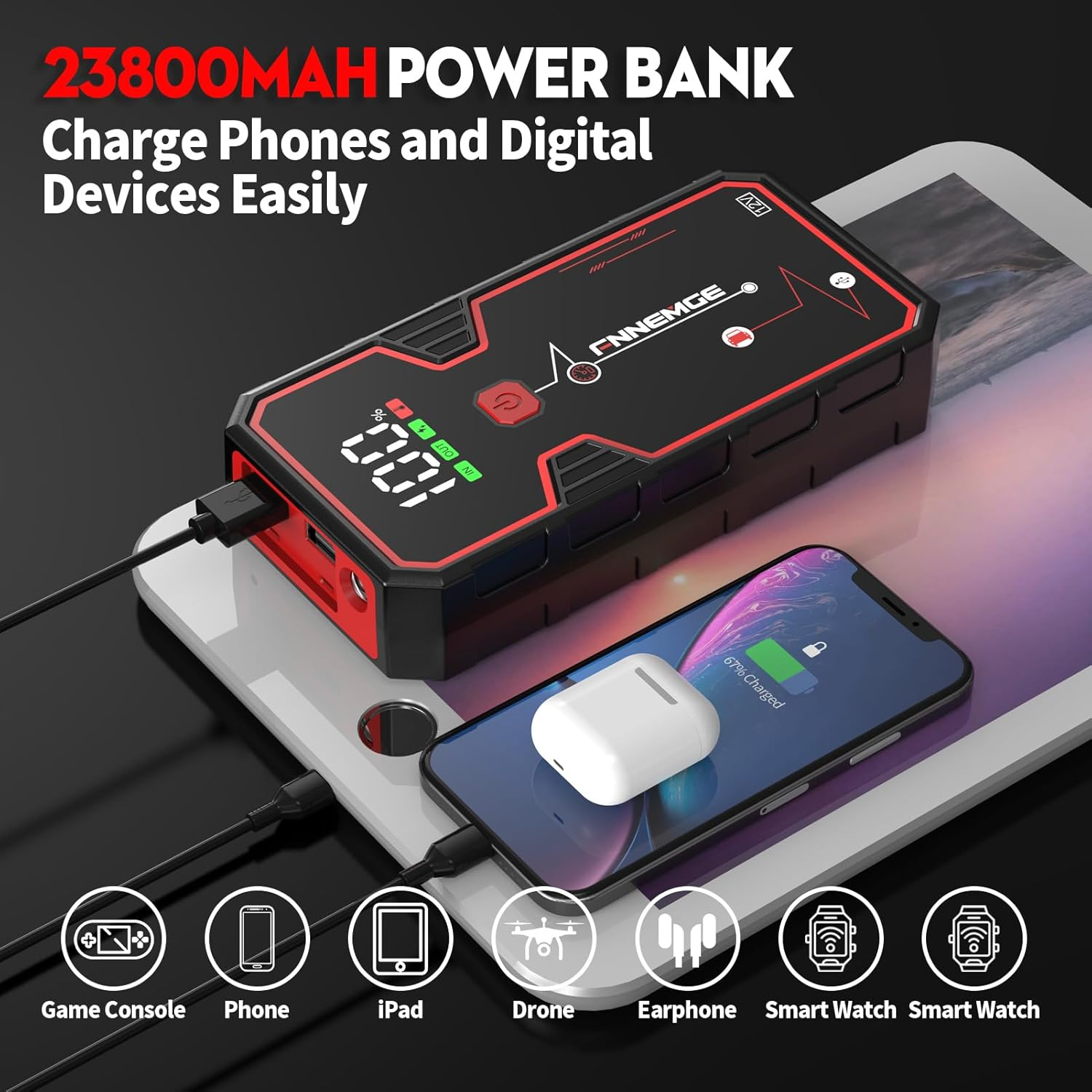 Car Jump Starter, 5000A Peak 23800Mah 12V Jump Starter Battery Pack(Up to All Gas, 8.0L Diesel Engine),With USB Charge Output Port,Led Light. image number 3