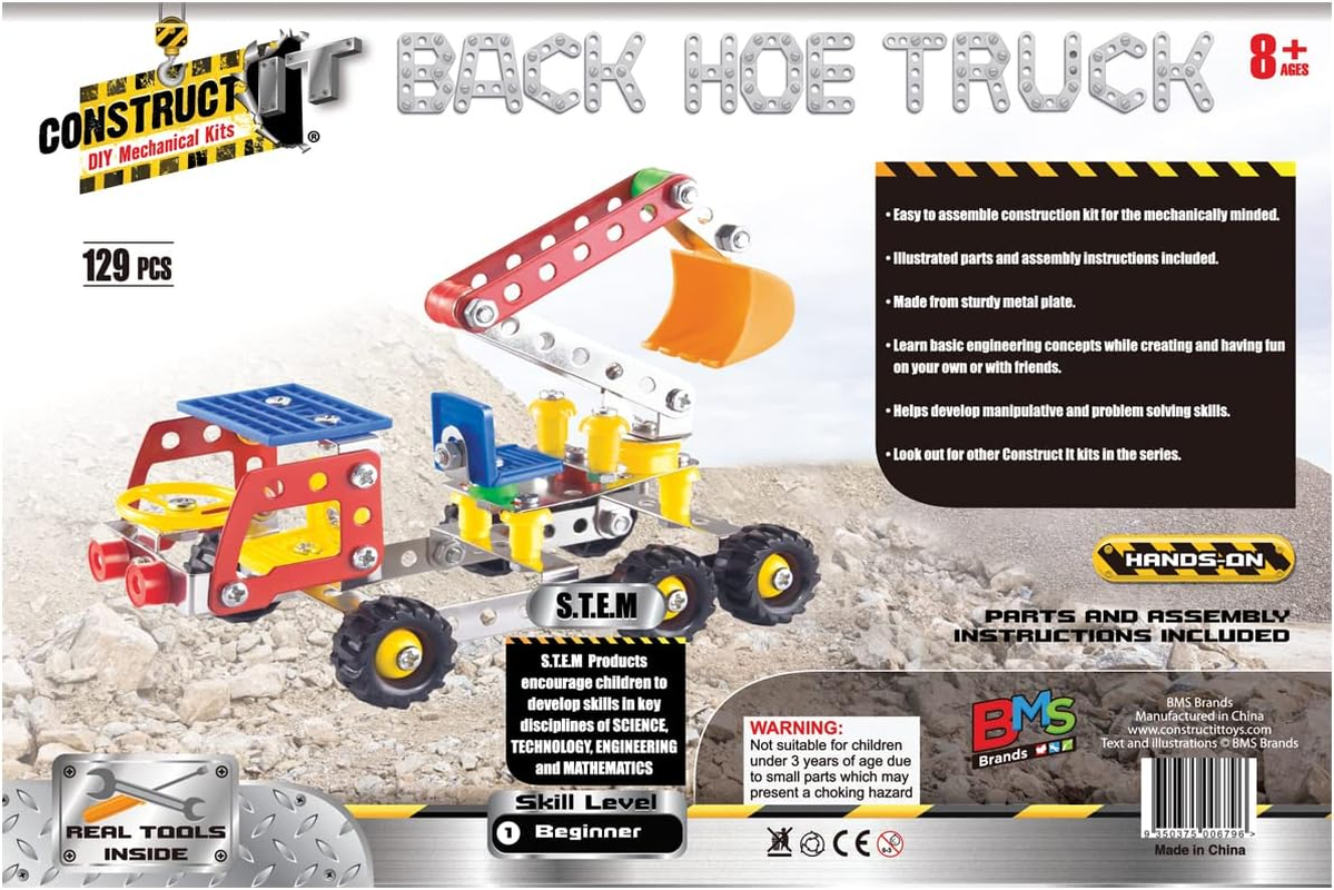 Construct IT Hoe Truck &ndash; 129-Piece STEM Metal Build Set &ndash; Build Your Own Digger Model with Kid-Friendly Tools &ndash; Educational Engineering Toy for Kids Ages 8&ndash;12 image number 1