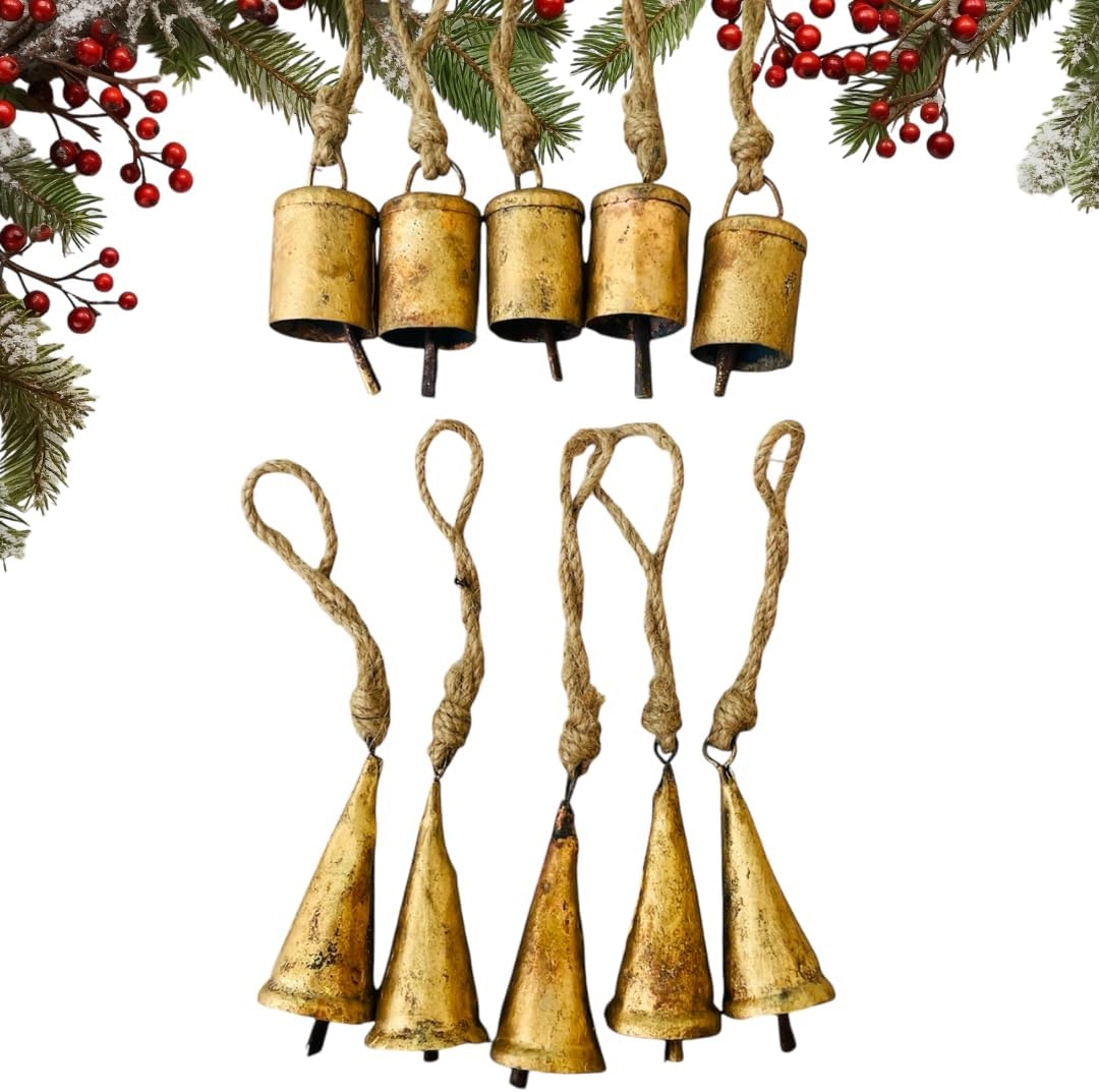 Mie Creations Set of 10 Rustic Vintage Christmas Bells, Tin Bells on Jute Rope, Decorative 7Cm Jingle Bells for Crafts, Christmas Tree Ornaments, Handmade Metal Hanging Mini Cowbells- Antique Gold image number 4