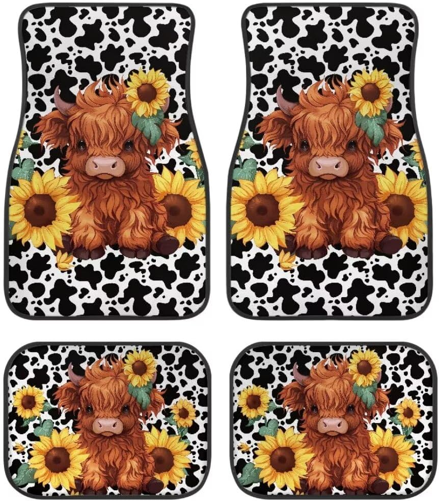 Allhaitong All Weather Car Floor Mats Universal Fit Automotive Suv,Sedan,Van Car Interior Accessories 4-Piece Car Protector Mat Highland Cow Sunflowers Print image number 2
