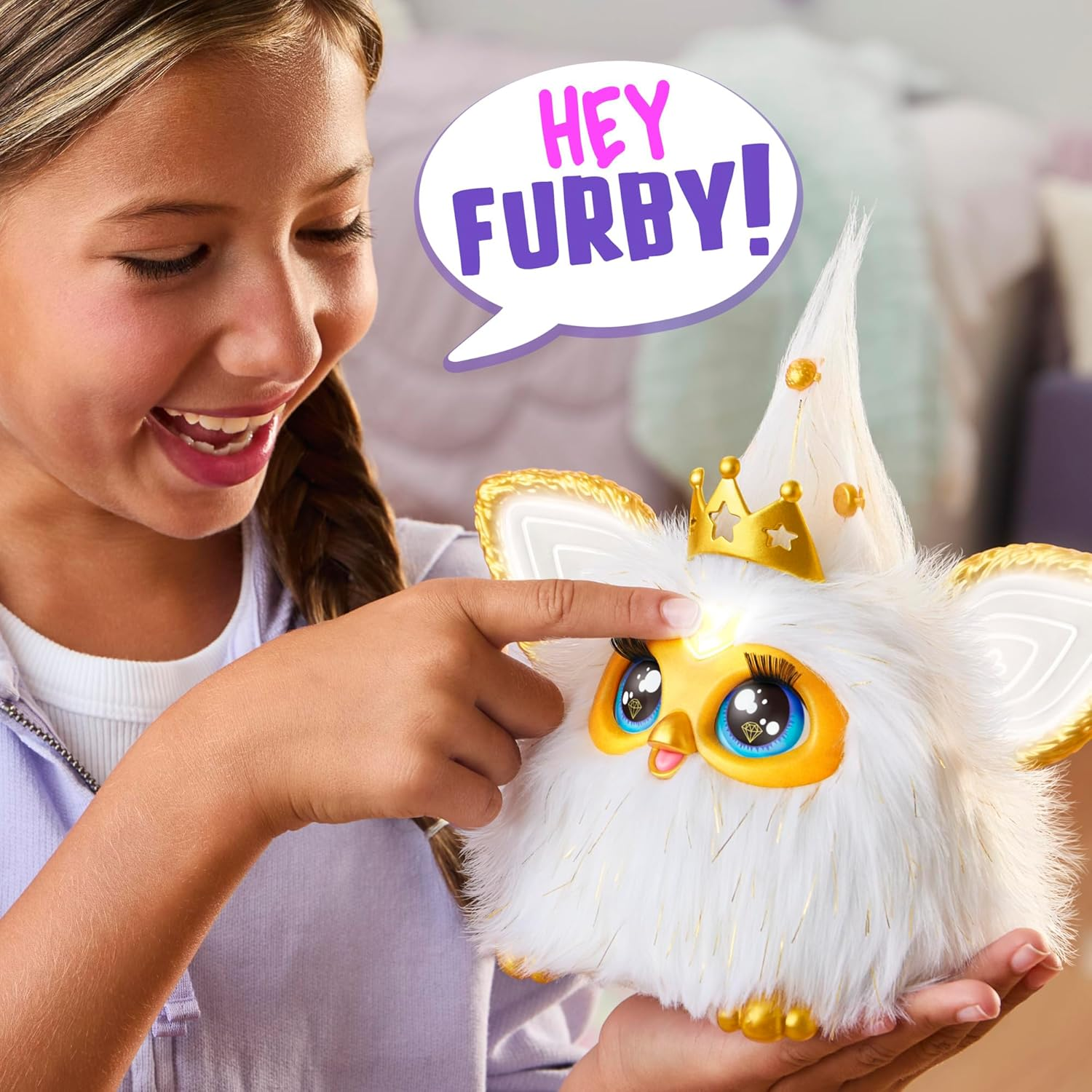 Furby Gold Glam Interactive Plush Toys for 6 Year Old Girls & Boys & Up, Voice Activated Animatronic, Speaks English & Furbish, White image number 3