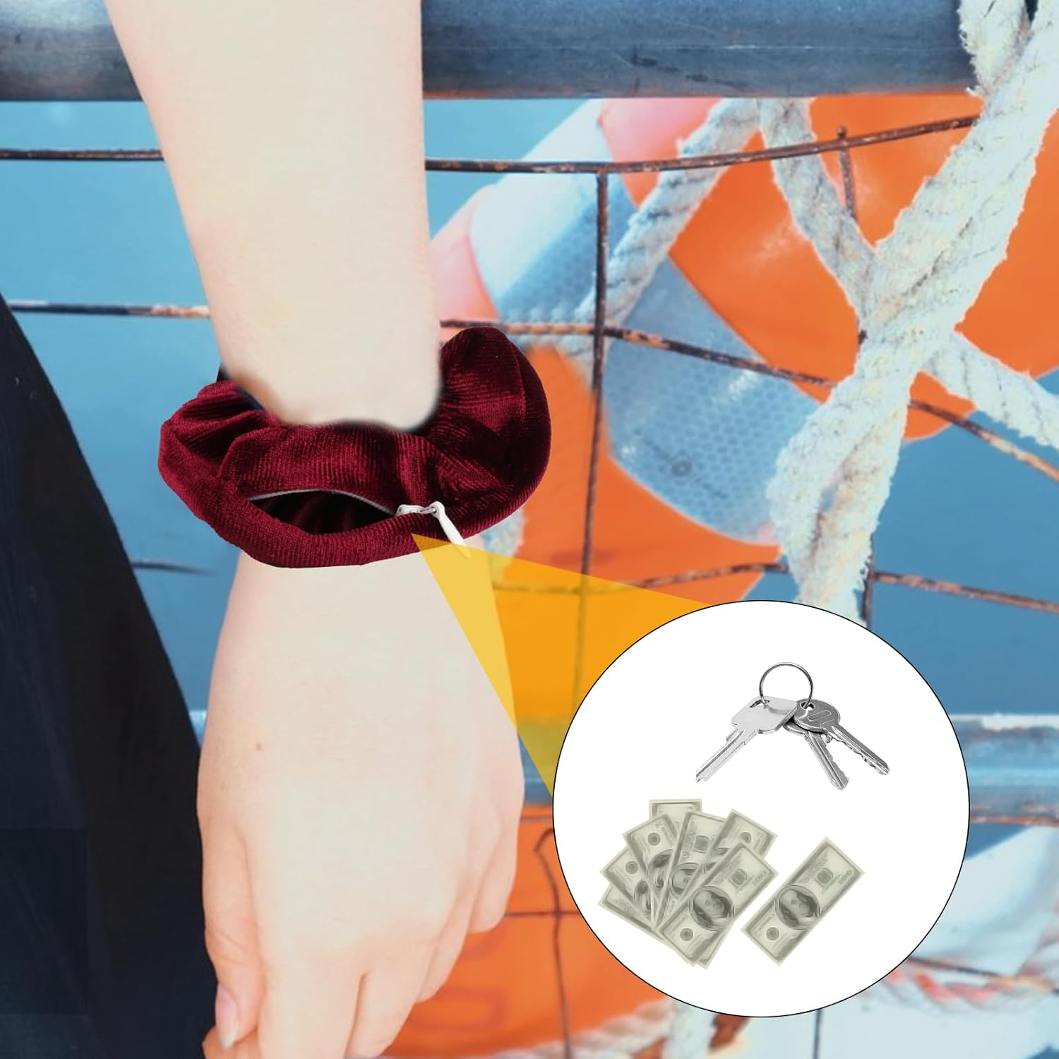 Pack of 6 Hair Bobbles Scrunchies with Zip Pocket, Scrunchies Hair Scrunchies with Zip, Secret Compartment, Discreet Money Hiding Place for Hiding, Travel Gadgets, Travel Gadgets for Women and Girls image number 5