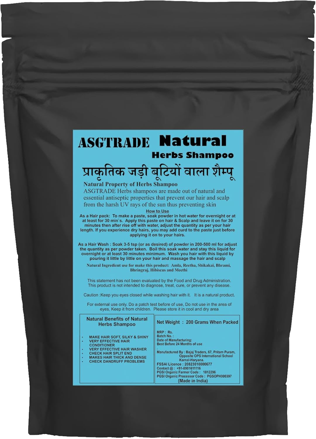 ASGTRADE Natural Herbs Tropical Herbal Shampoo, Benificial for Hair Fall, Regrowth, Dandruff with Amala, Reetha, Shikakai, Meethi Dana, Hebiscus, Neem, Natural Conditioner of Hair