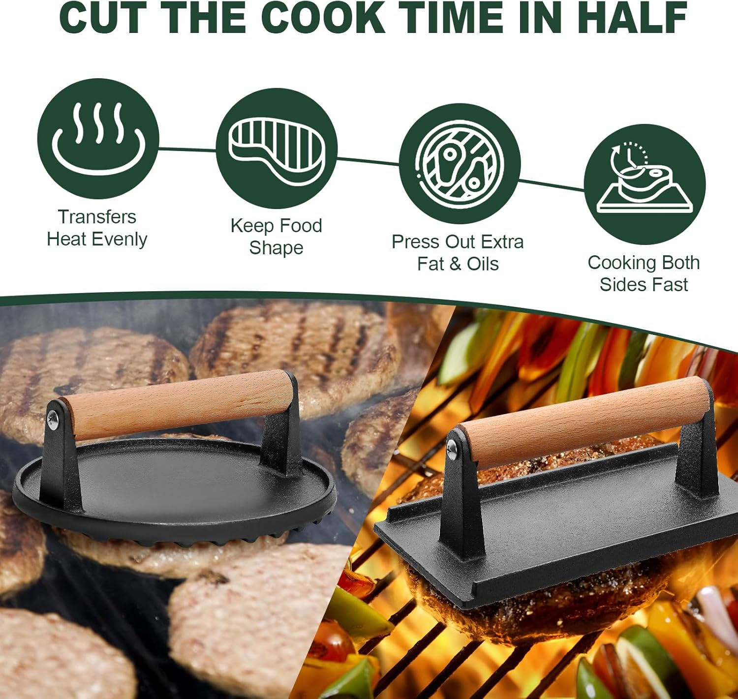 CEKEE Burger Press round & Rectangle, Heavy-Duty Cast Iron Grill Press with Wood Handle, Smash Burger Press Perfects for Blackstone Griddle, Flattops, Grills, Camp, Chef - Blackstone Accessories image number 2