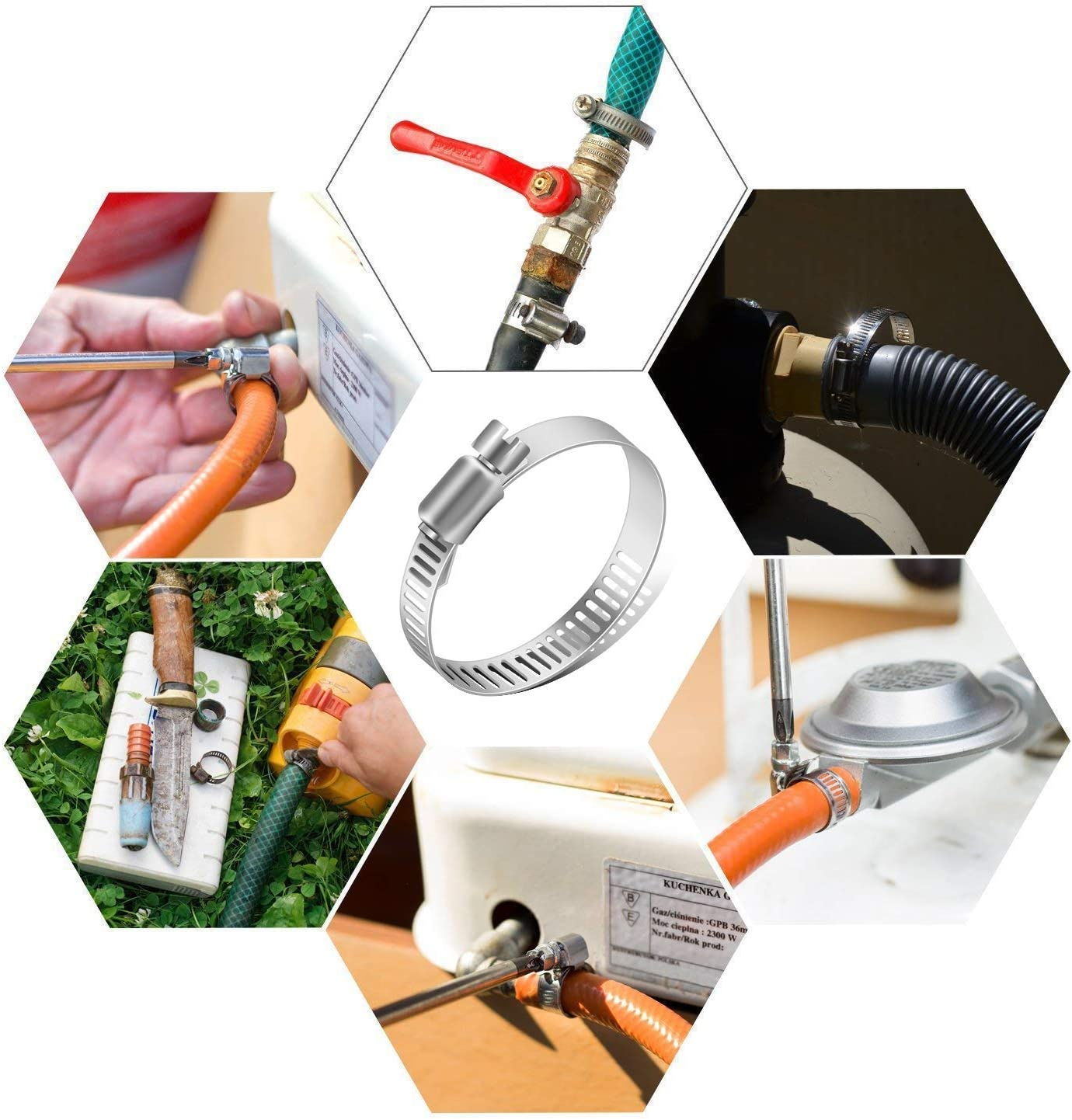 Keadic 64Pcs Adjustable [8 to 38Mm] Diameter Range Fuel Line Clips Worm Gear Hose Clamp Assortment Kit for Various Pipes Automotive Mechanical Use - 304 Stainless Steel