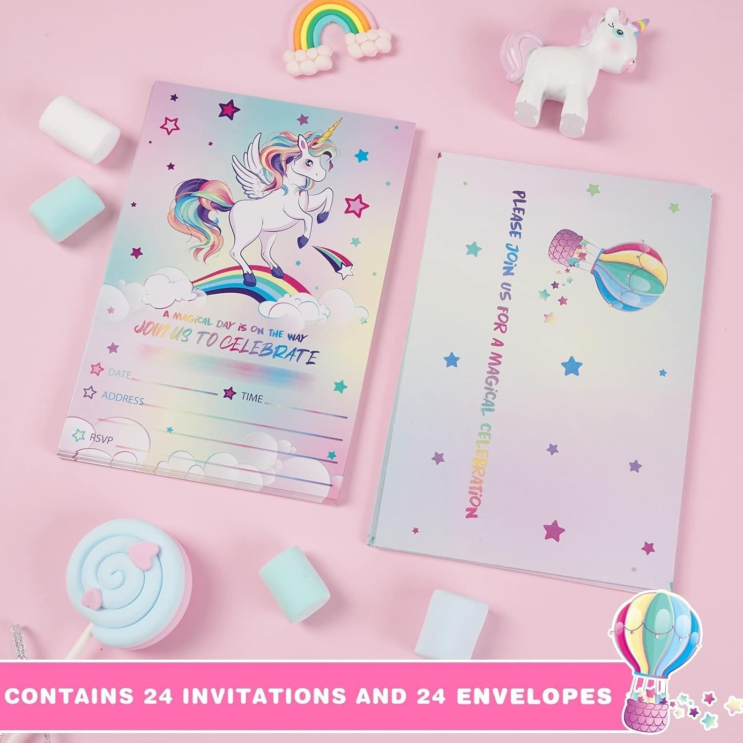 WERNNSAI 24PCS Unicorn Birthday Invitation - Rainbow Unicorn Party Supplies Fill-In Linvitations with Envelopes for Girls Birthday Baby Shower Double-Sided Printed Invite Cards image number 2