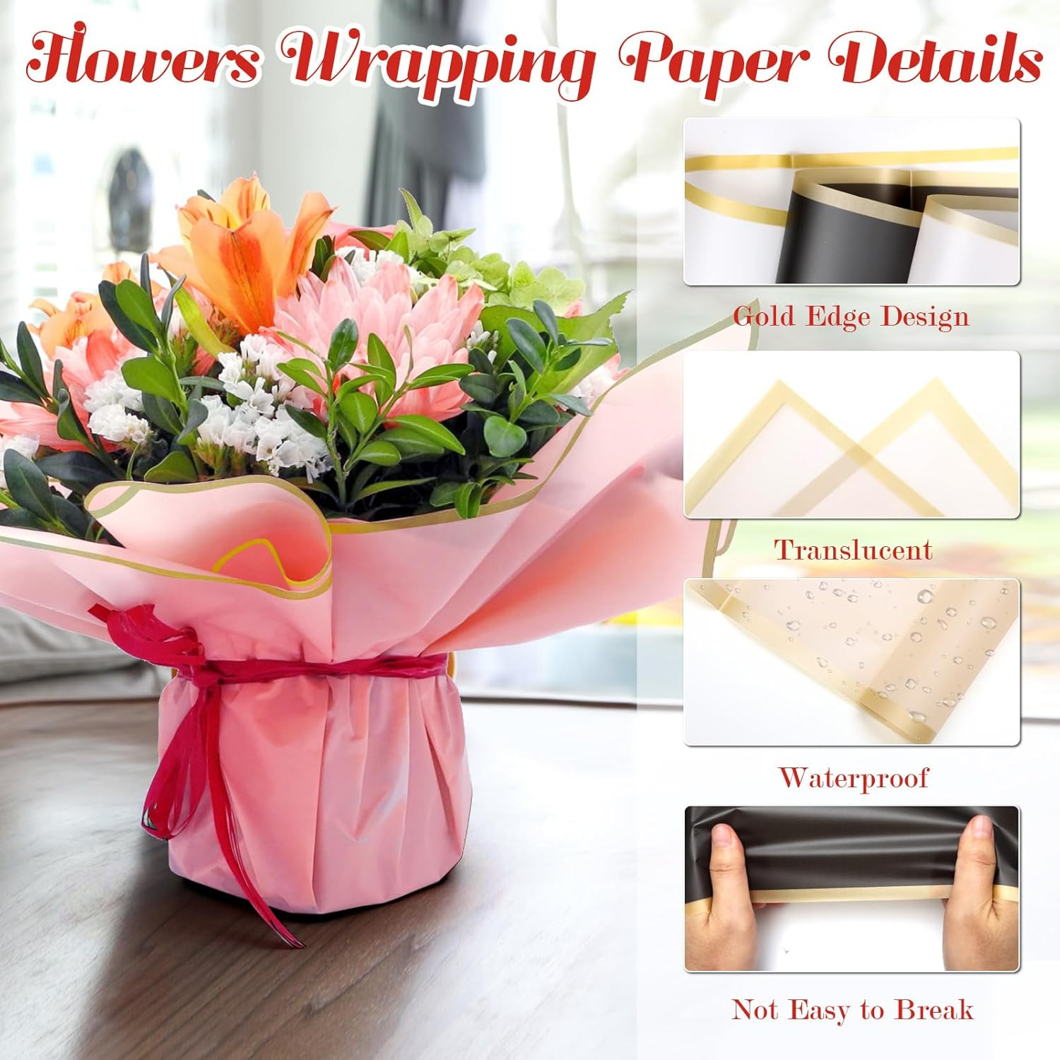 30 Sheets Flower Bouquet Wrapping Paper, COITEK Waterproof Gold Edge Flower Gift Wrapping Supplies Paper 6 Colors with 5 Rolls Ribbons for DIY Crafts, Gift Packaging image number 2