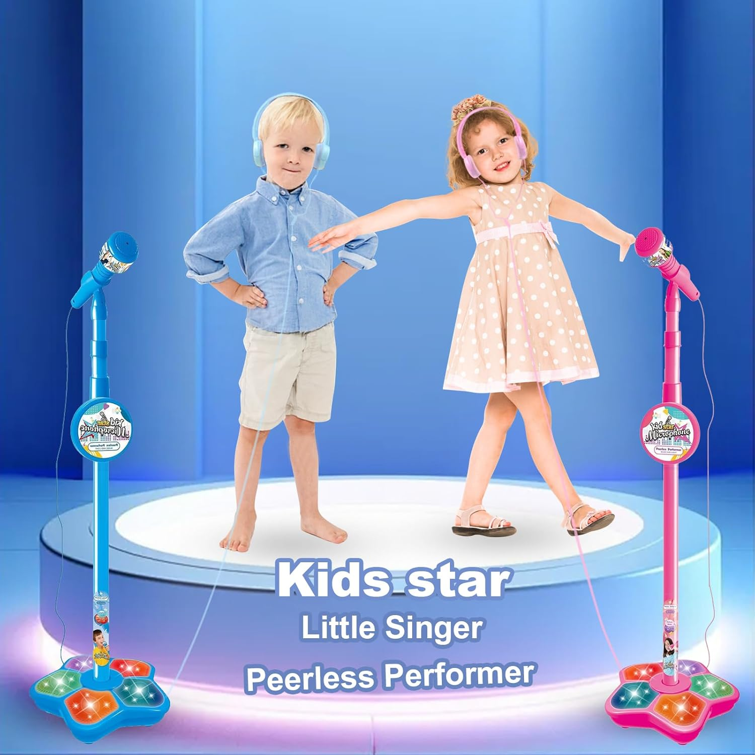 Kids Karaoke Machine with Adjustable Microphone Stand for Kids Standing Mic for Portable Singing Retractable Headset for Music & Sing-Along Flashing Stage Light Base for Aged 3-6 Boys Girls (Pink) - Pink image number 4