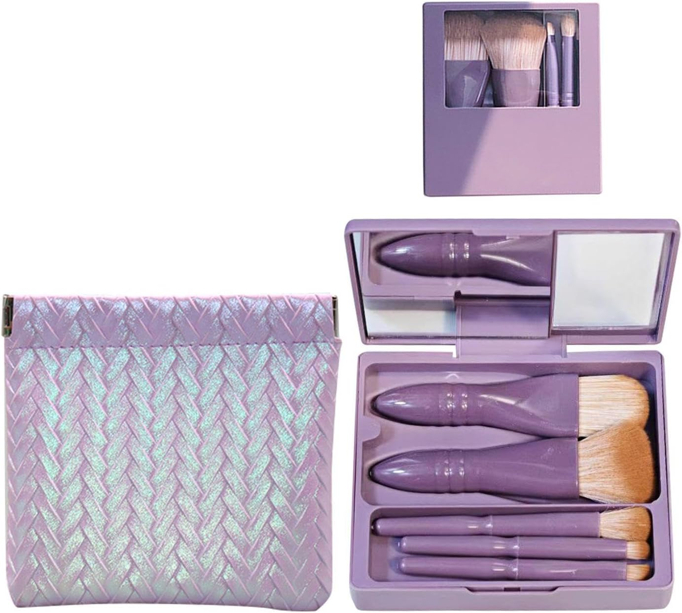 5 Makeup Brushes & 1 Mini Storage Bag Makeup Brush Set with Mirror Beauty Tools Portable Travel Accessories Purple image number 1