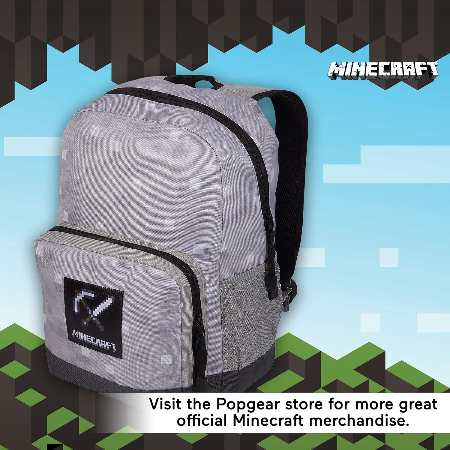 Minecraft Tools Badge Backpack, Kids, One Size, Black/Heather Grey, Official Merchandise, Black/Heather Grey, One Size