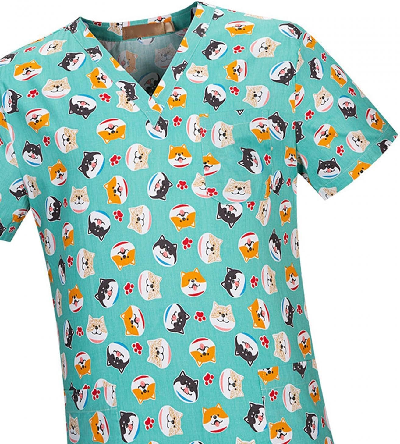 UGPLM Nurse Workwear Nursing Uniform V Neck Scrub Top Summer Work Clothing Soft Simple to Clean for SPA Cosmetology Short Sleeves, Dog Pattern, M image number 5