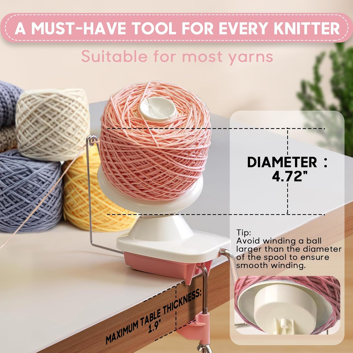 Anti-Slip Yarn Winder, Yarn Ball Winder for Crocheting, Efficiently Make Neat Yarn Cake, Yarn Winder with Lower Noise for Fiber and Wool Thread Balls, Knitting Lover'S Helper Gift (Pink) image number 3