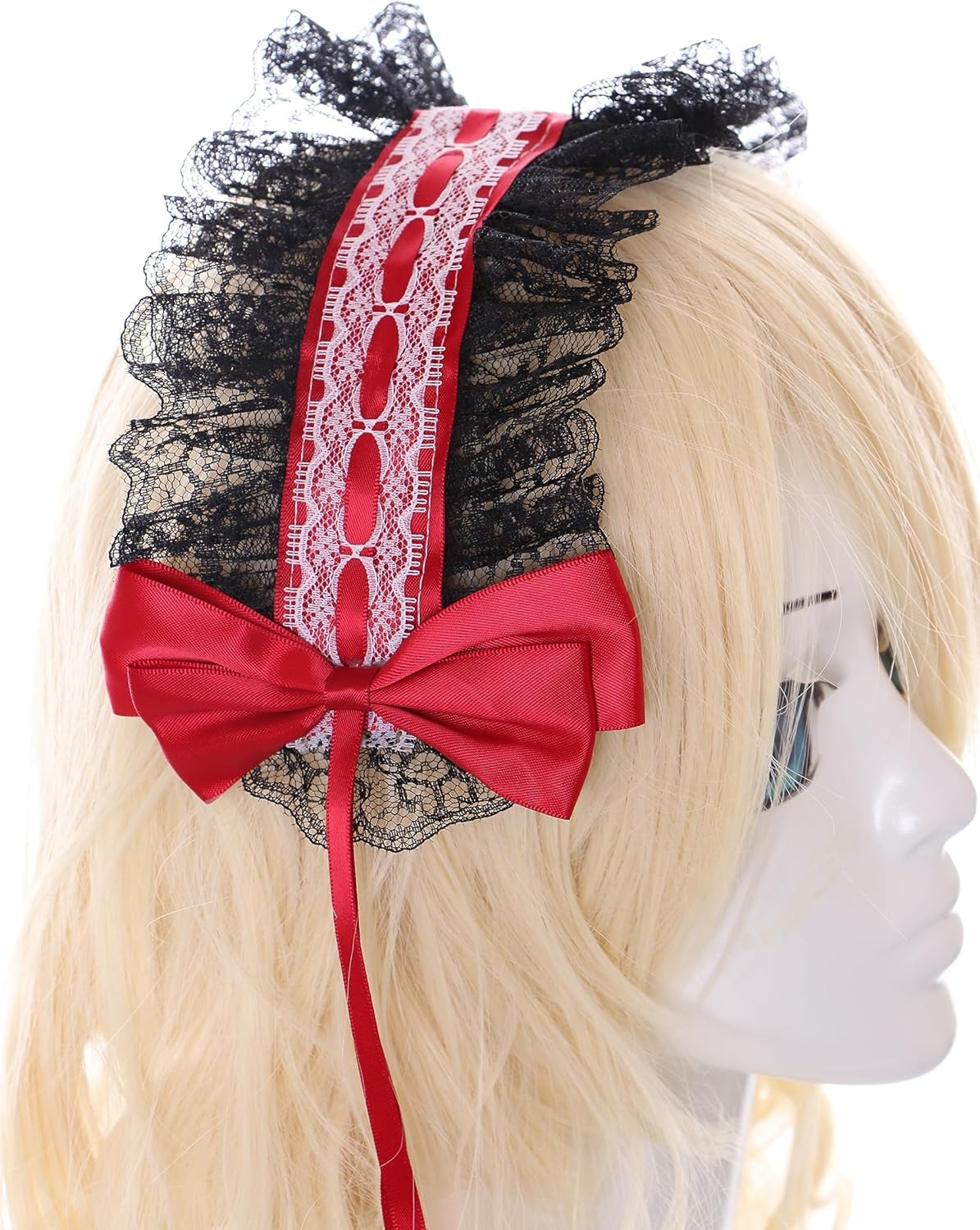C-08-3 Black Red Maid Maid Lolita Hair Band Lace with Bow Gothic Hair Accessories Headband image number 4