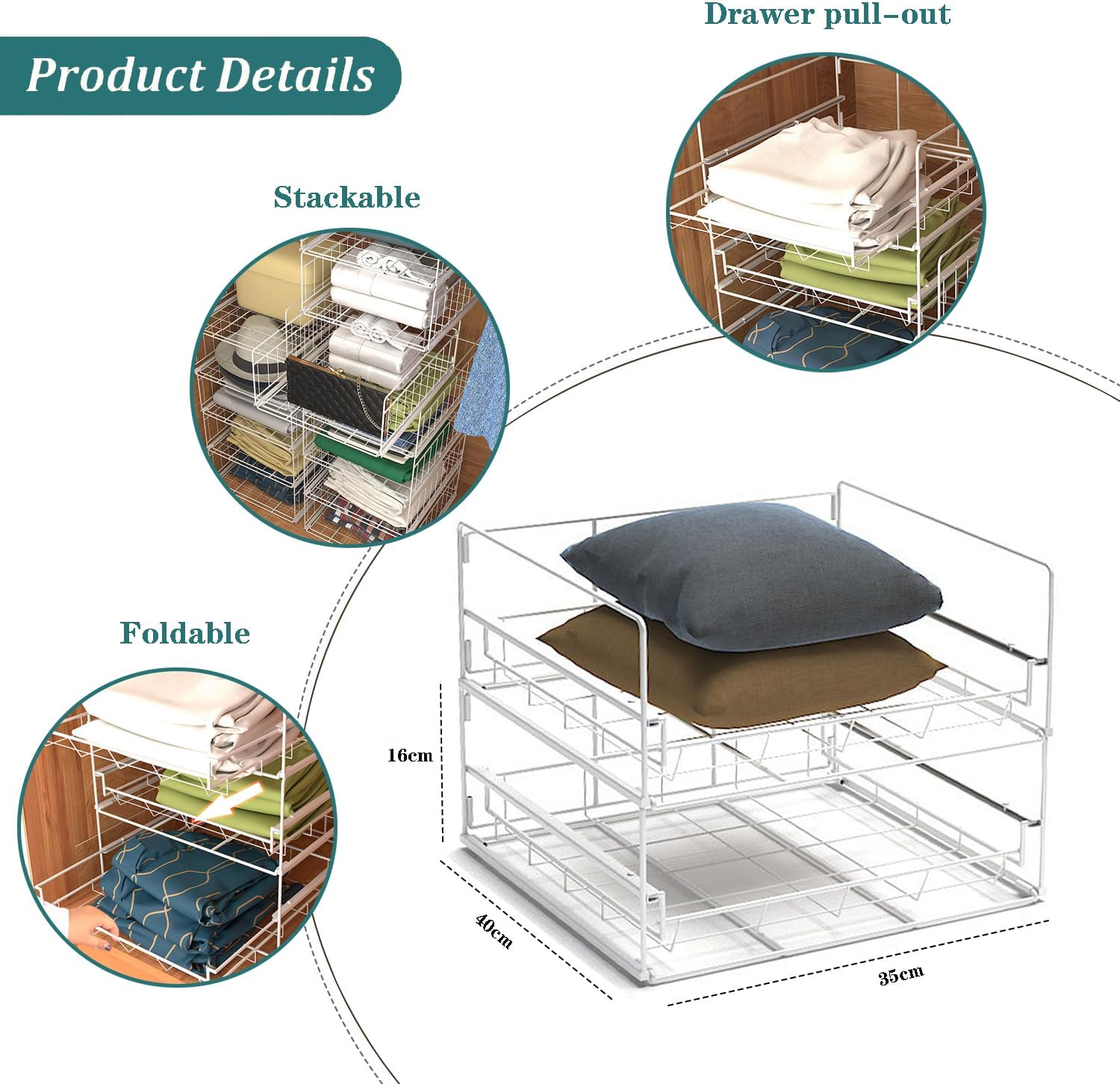 Wardrobe Organiser, Wardrobe Storage, Stackable Storage Drawers, with Push and Pull Drawer, for Cupboard Kitchen Bathroom Bedroom Office (3 Pack, 40X35X16Cm) image number 5