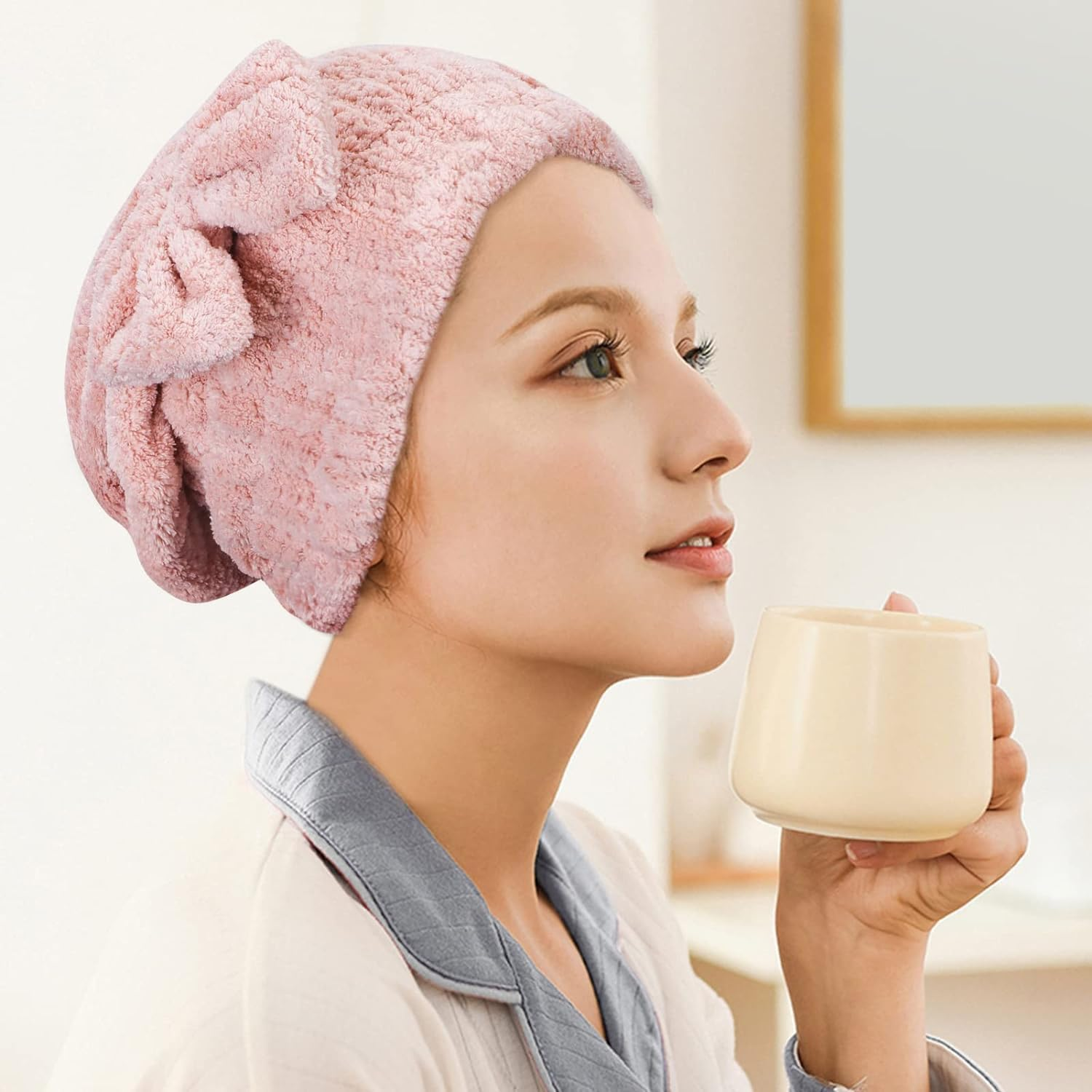 4 Pack 4 Color Hair Drying Cap, Quick Dry Head Wrap with Bow-Knot Shower Cap, Drying Towel for Curly, Straight, Long, Thick or Wet Hair image number 5