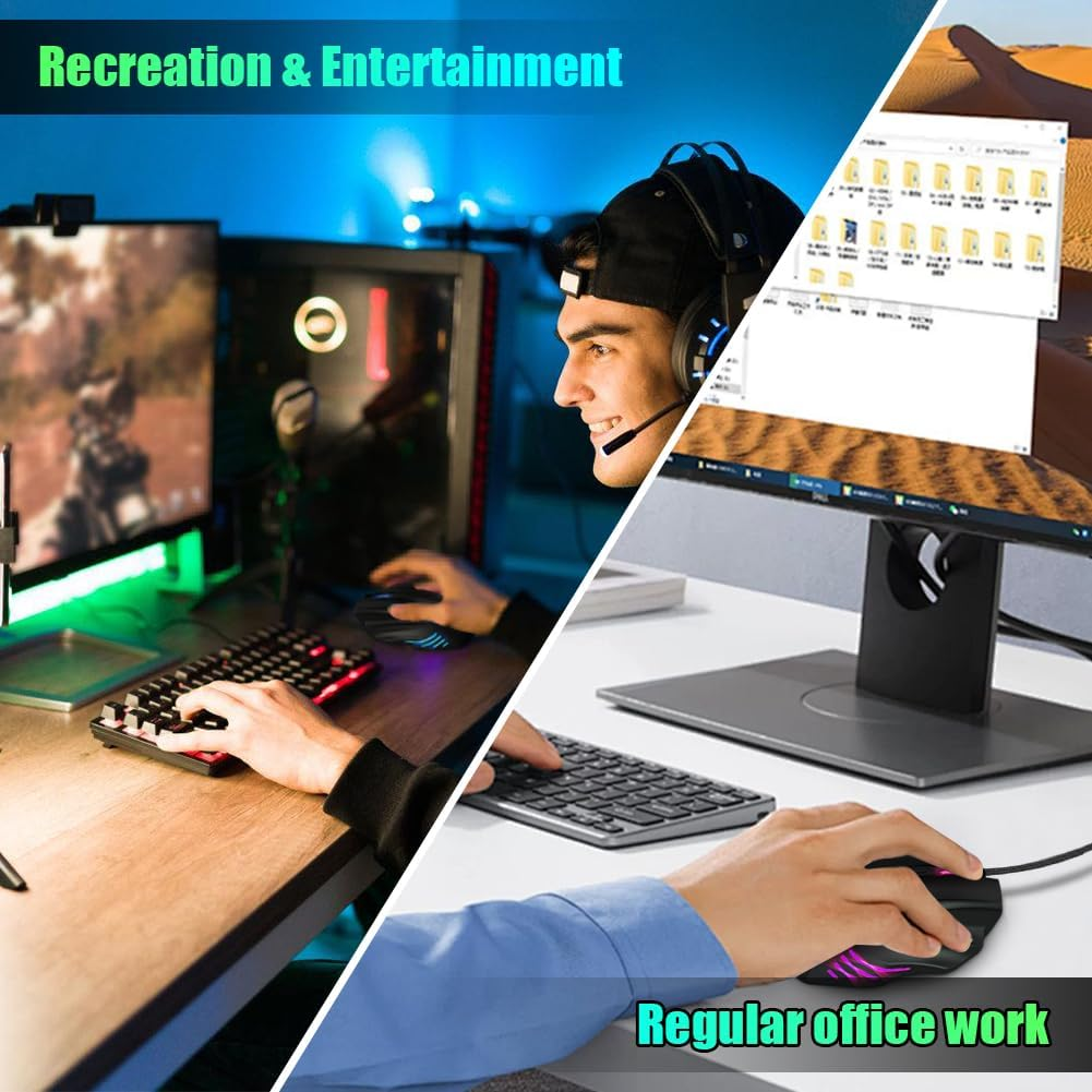 Gaming Mouse, Quiet Wired Mouse, RGB Backlight and 2400 Adjustable DPI, Ergonomic and Lightweight USB Computer Mouse with High Precision Sensor for Windows PC & Laptop Gamers (Black) image number 2