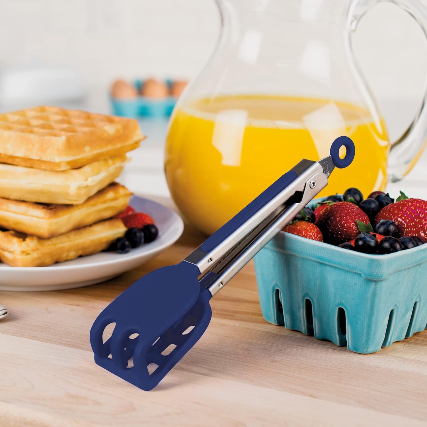 Tovolo Easy-Grip Mini Non-Slip Stainless Steel Handle, Heat-Resistant Silicone Heads, Kitchen Tongs for Cooking Waffles & Breakfast, Deep Indigo Blue image number 2