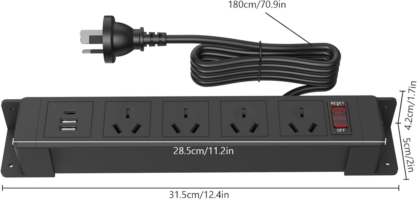 Wall Mount Power Strip AU Plug with 4 AC Outlets, USB Ports & USB-C, Overload Protection, Mountable Power Strip Garage Power Strip under Cabinet Power Strip Wall Mount Mountable Design with 1.8M Cord image number 1
