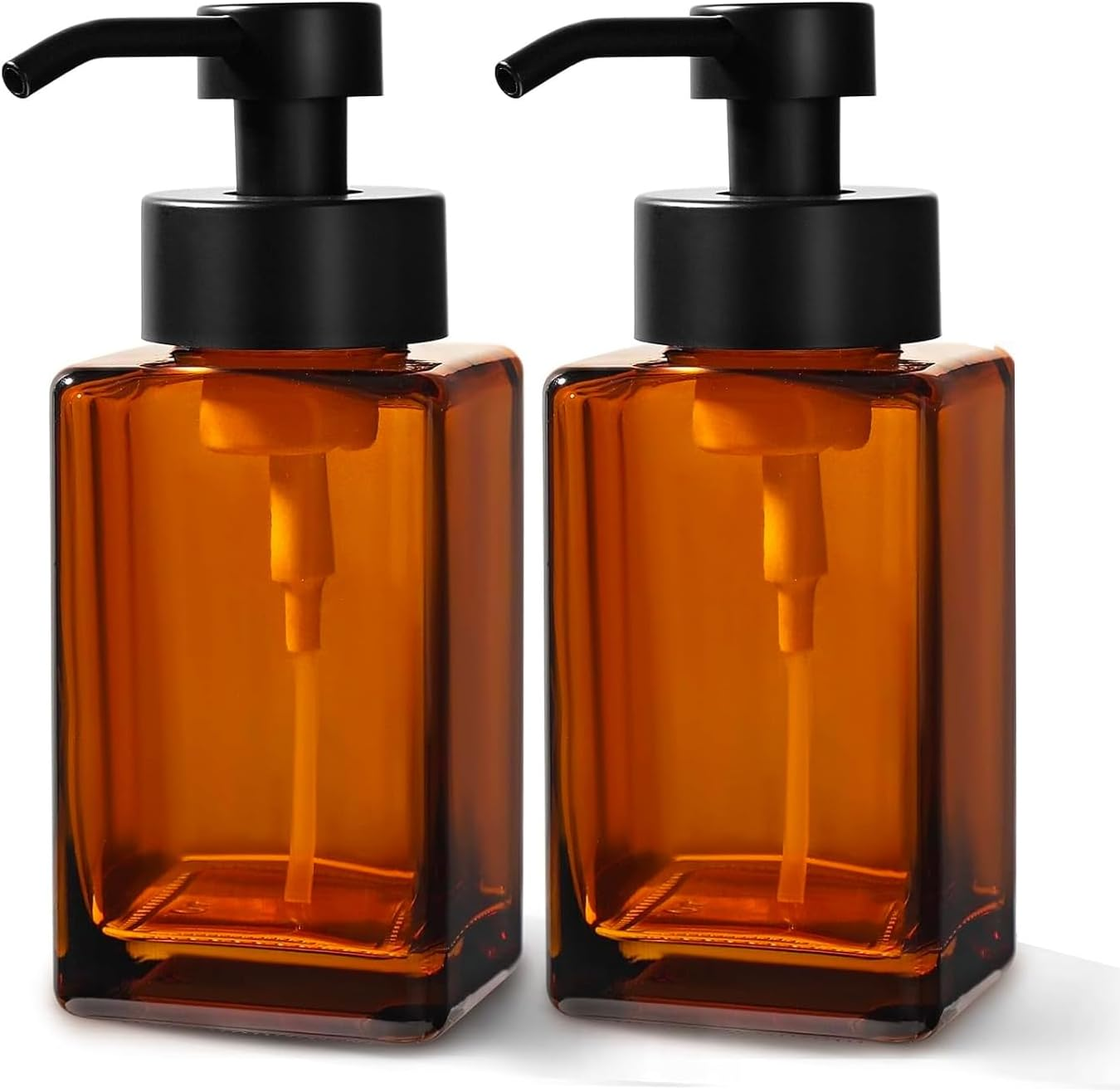 2Pcs Refillable Foam Soap Dispenser with Foaming Pump ，12Oz/350Ml Glass Foaming Hand Soap Dispenser Set，With Foaming Pump for Bathroom, Kitchen (Amber)