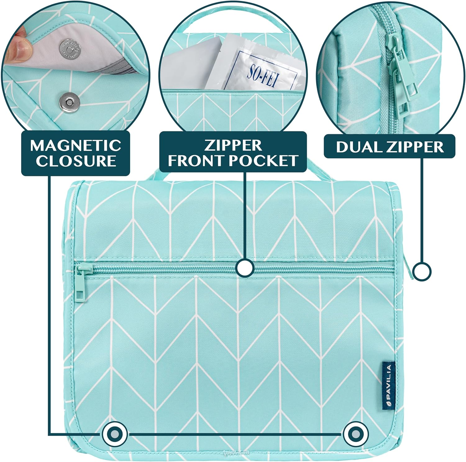 PAVILIA Hanging Toiletry Bag Women Men, Foldable Cosmetic Organizer Travel Bag, Water Resistant Makeup Bag Toiletries, Large Travel Essentials Kit, Teal Chevron, Large, Classic image number 6